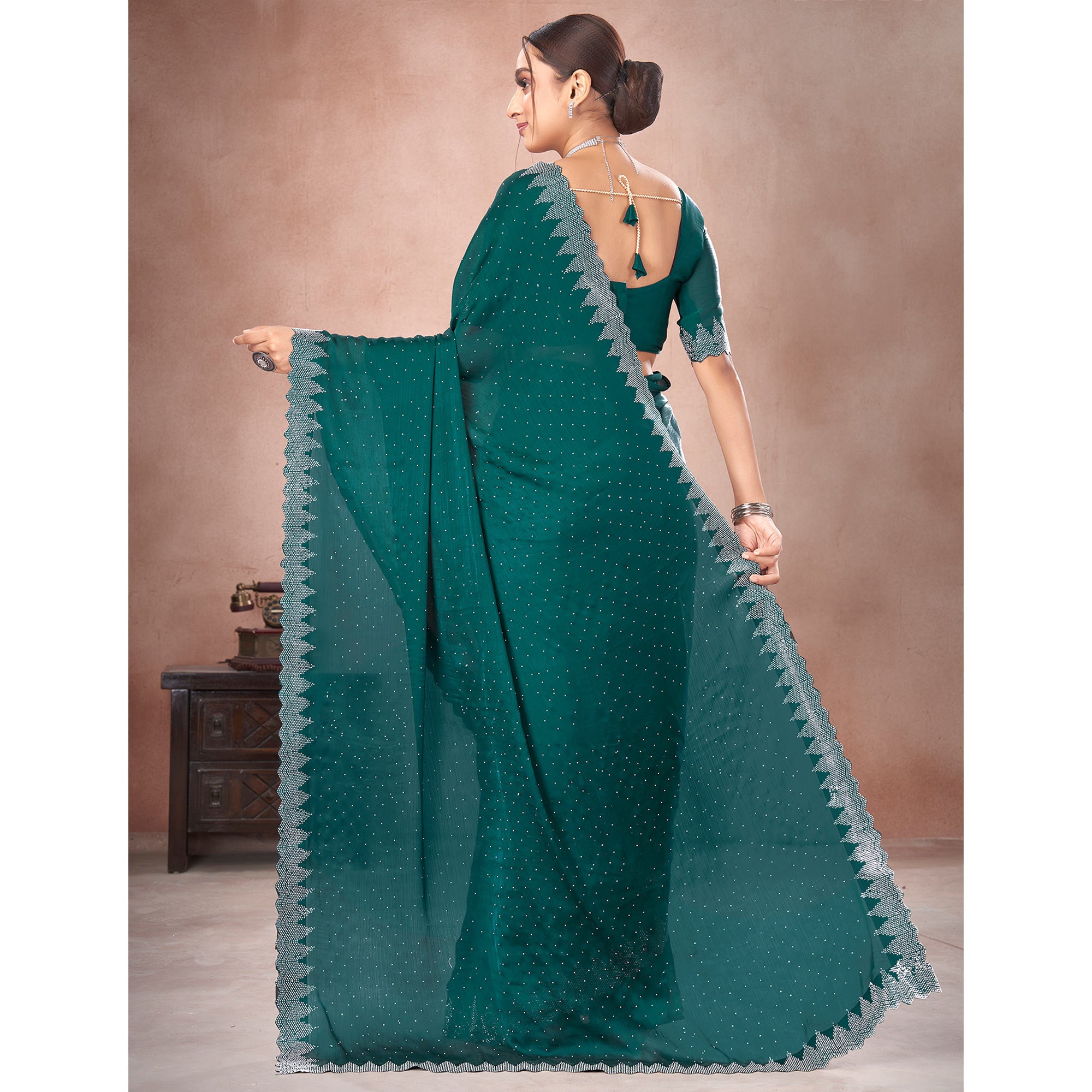 Rama Green Swarovski Work Satin Saree