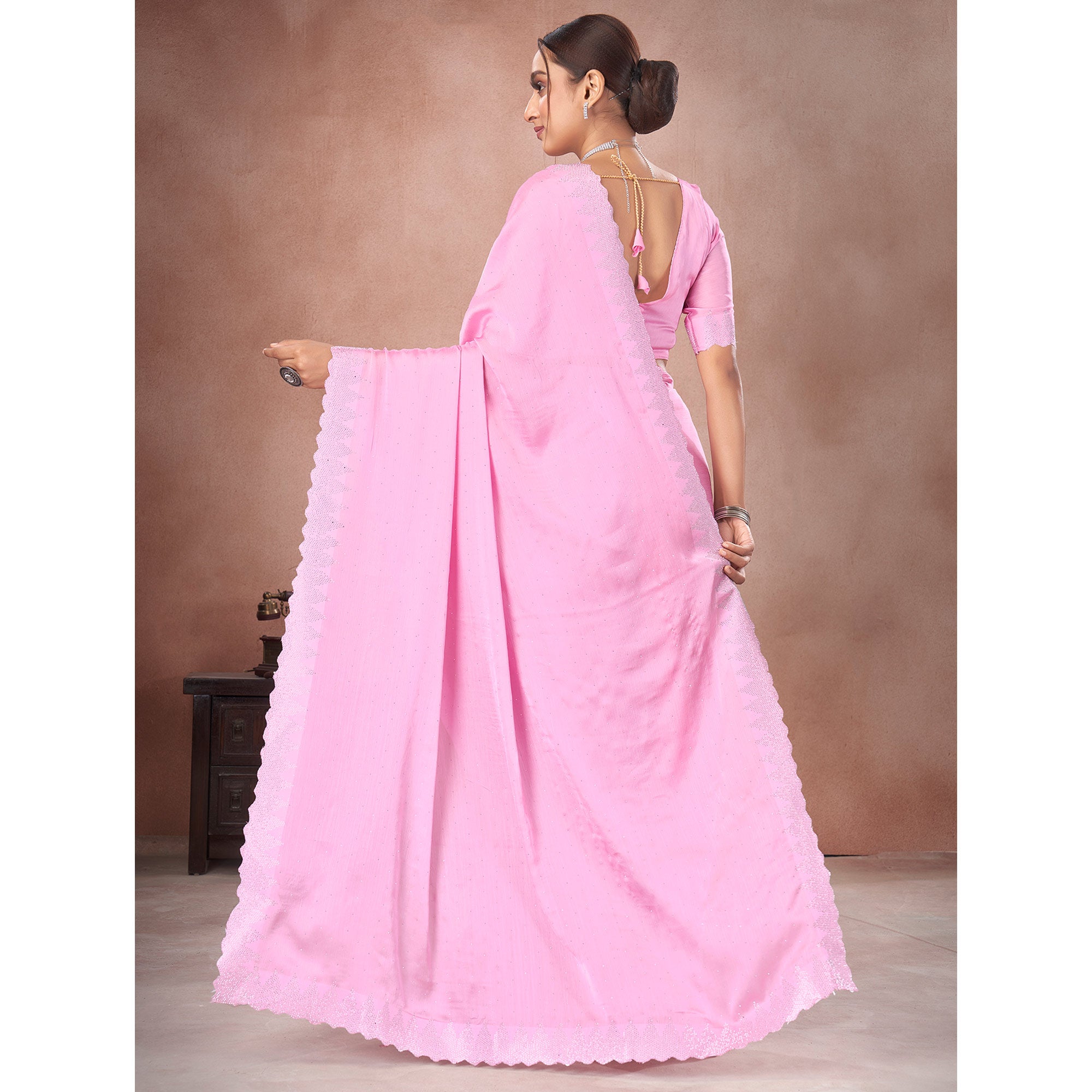 Light Pink Swarovski Work Satin Saree