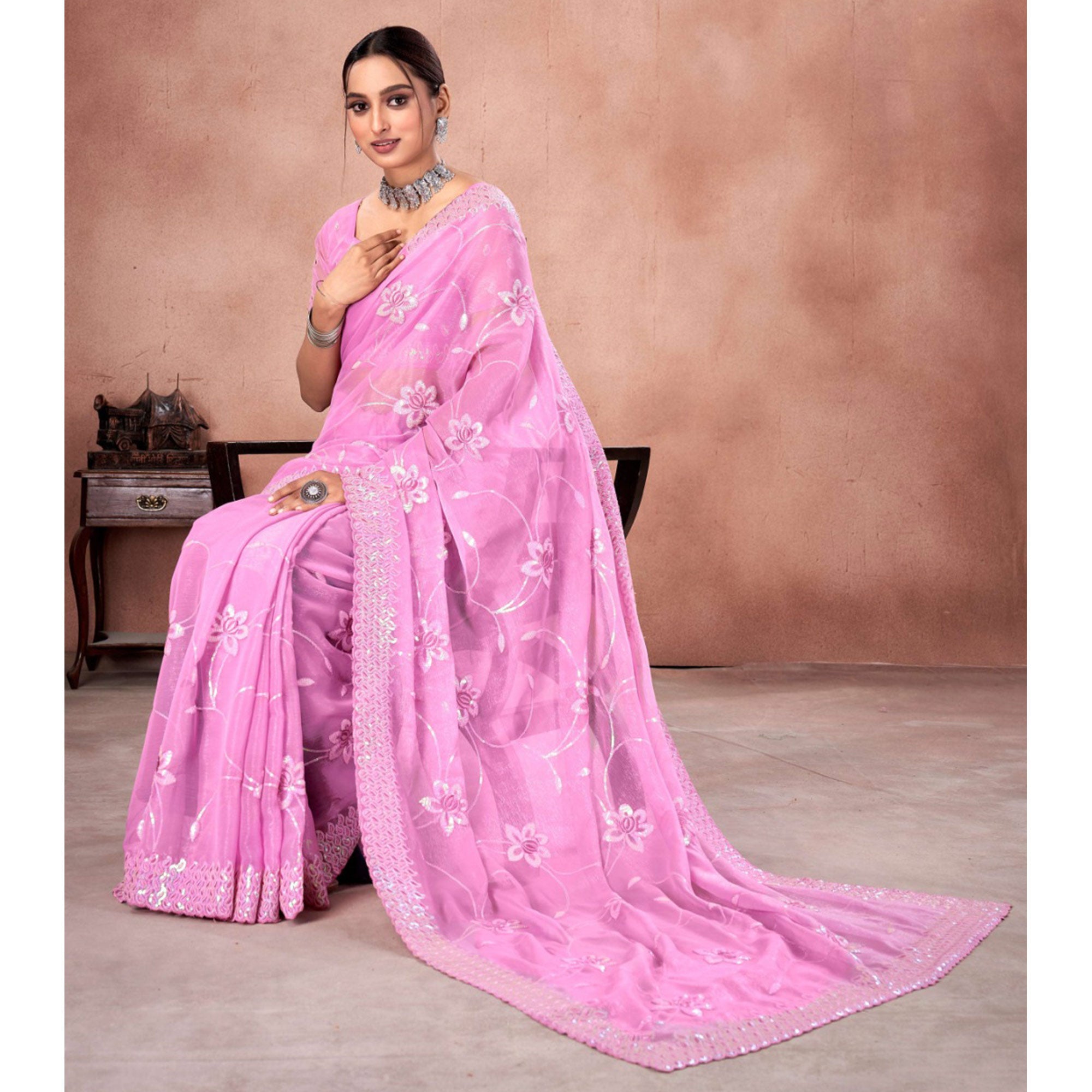 Pink Floral Sequins Embroidered Chiffon Saree