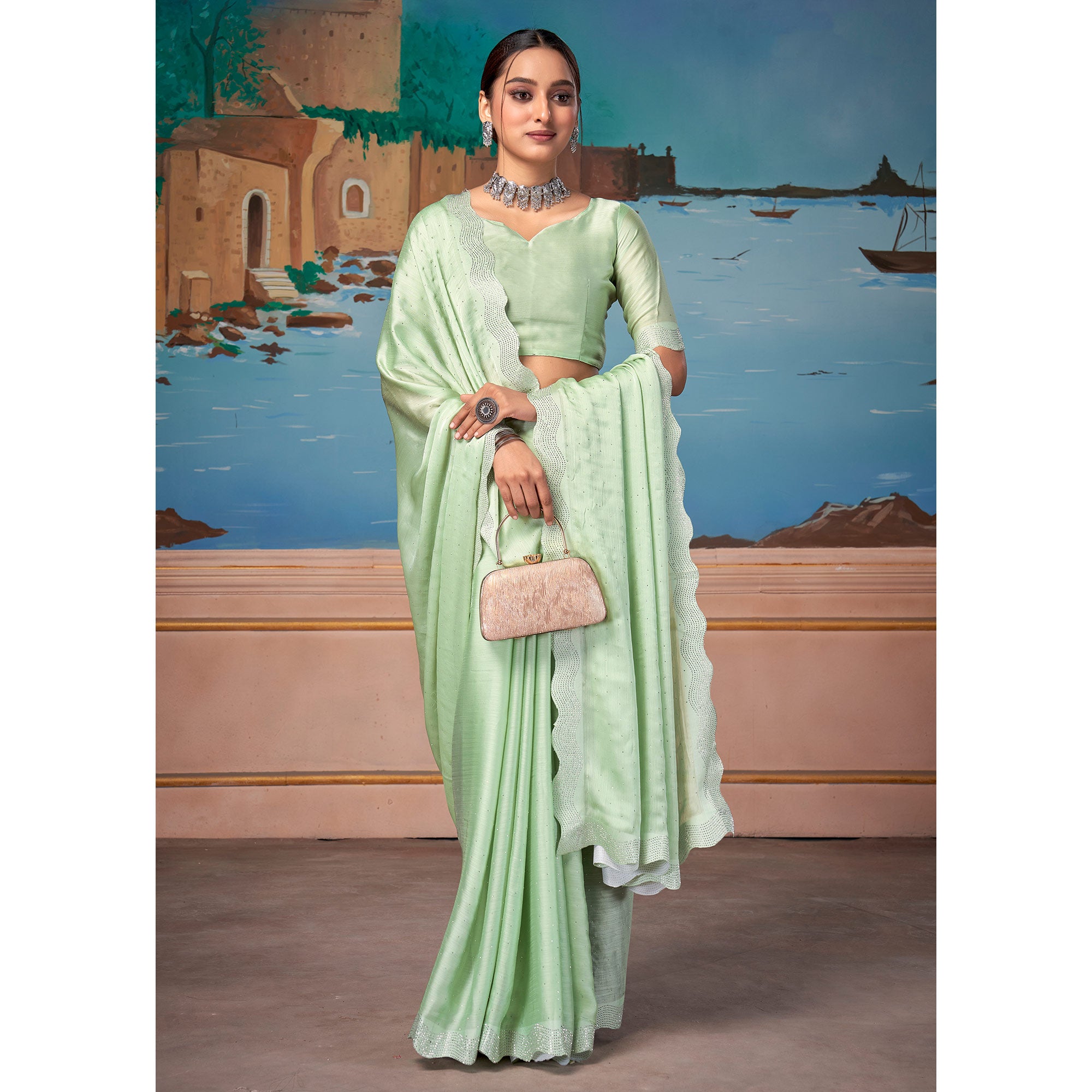 Pista Green Swarovski Work Satin Saree