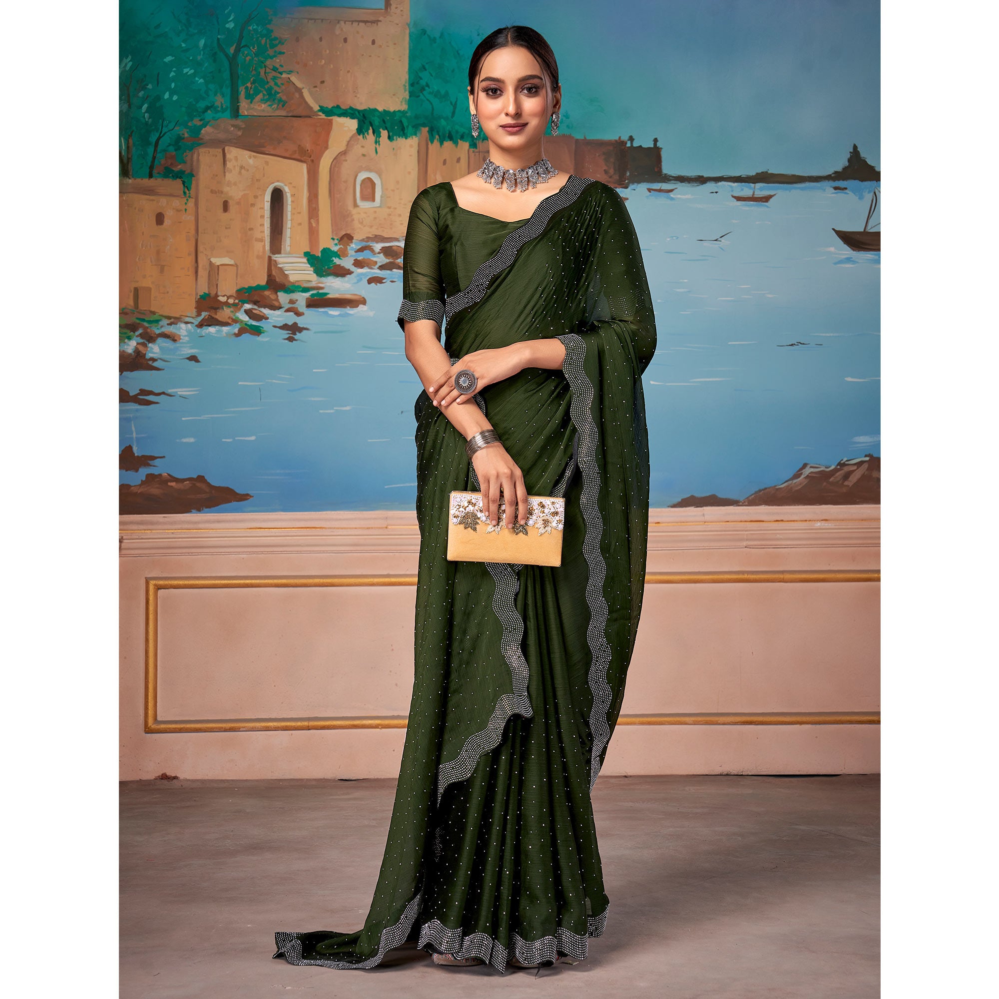 Green Swarovski Work Satin Saree