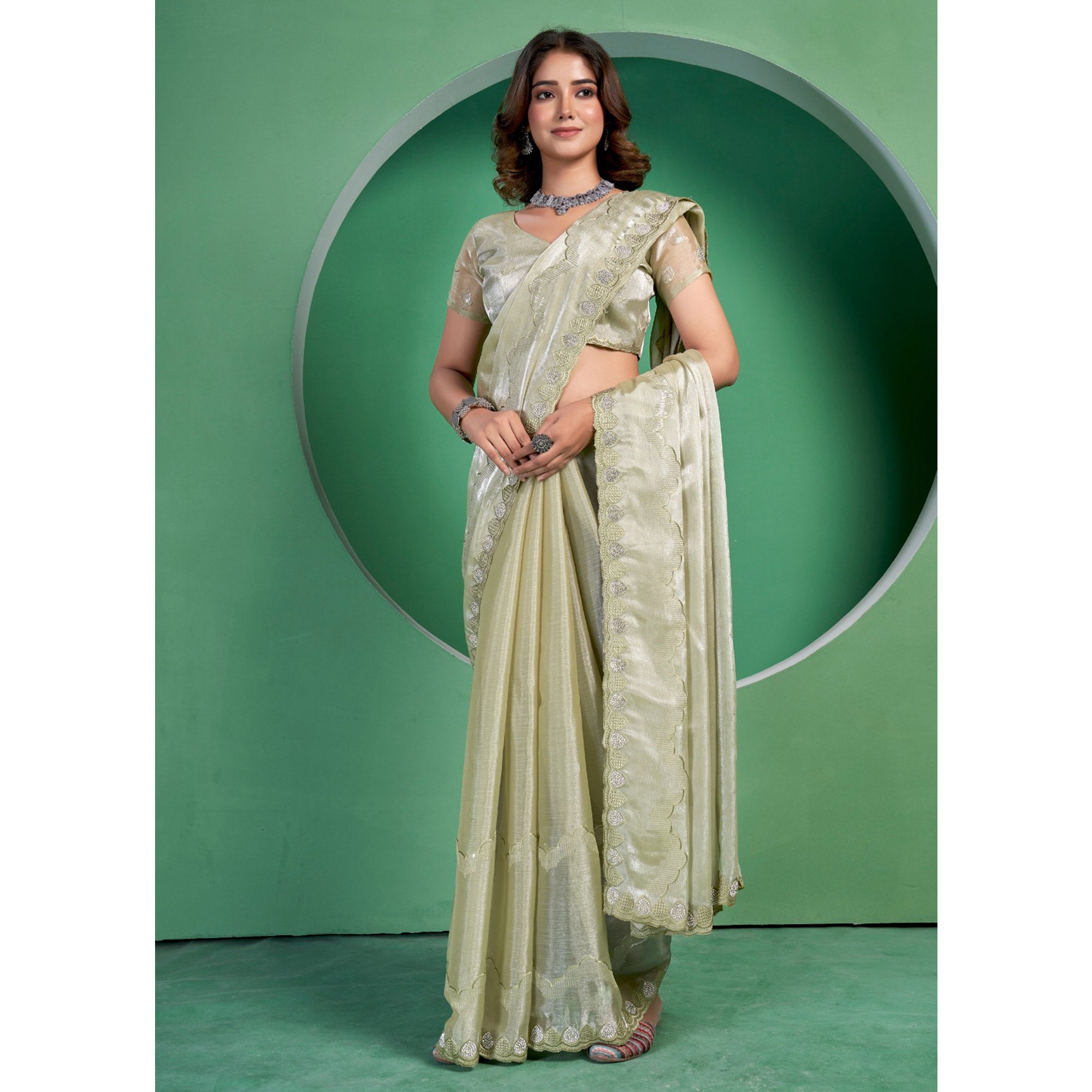 Pista Green Sequins Embroidered Chiffon Saree With Diamond Border