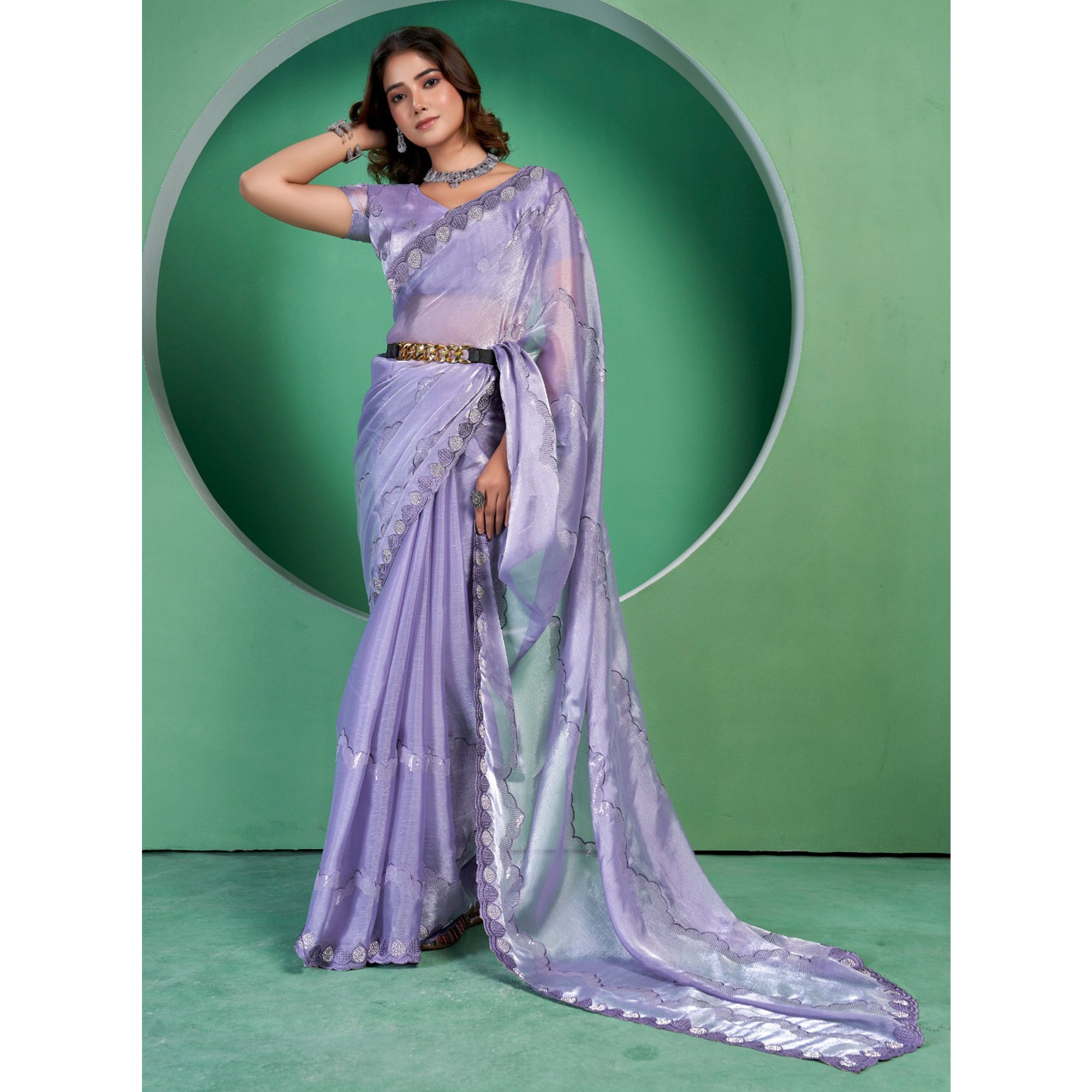 Purple Sequins Embroidered Chiffon Saree With Diamond Border