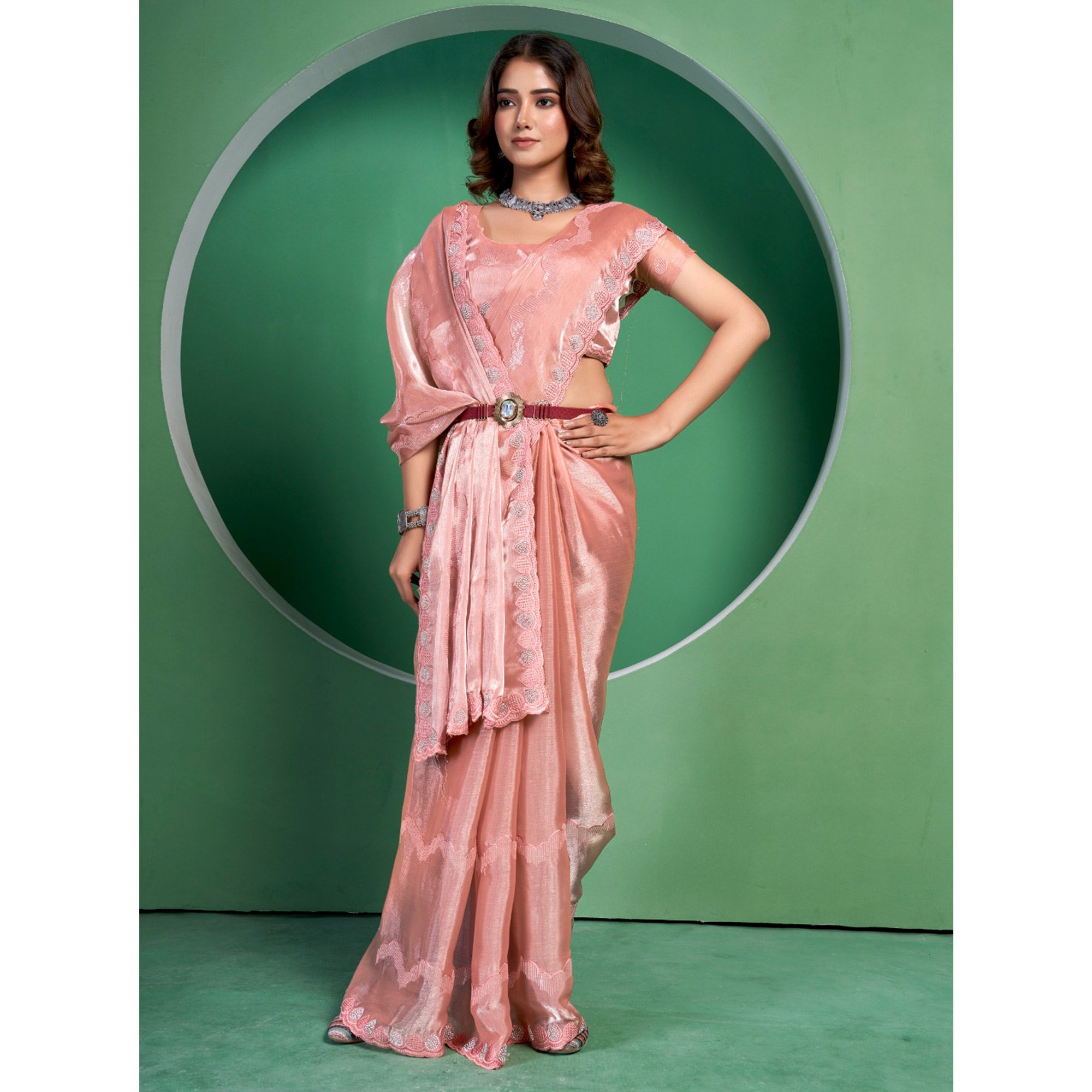 Peach Sequins Embroidered Chiffon Saree With Diamond Border
