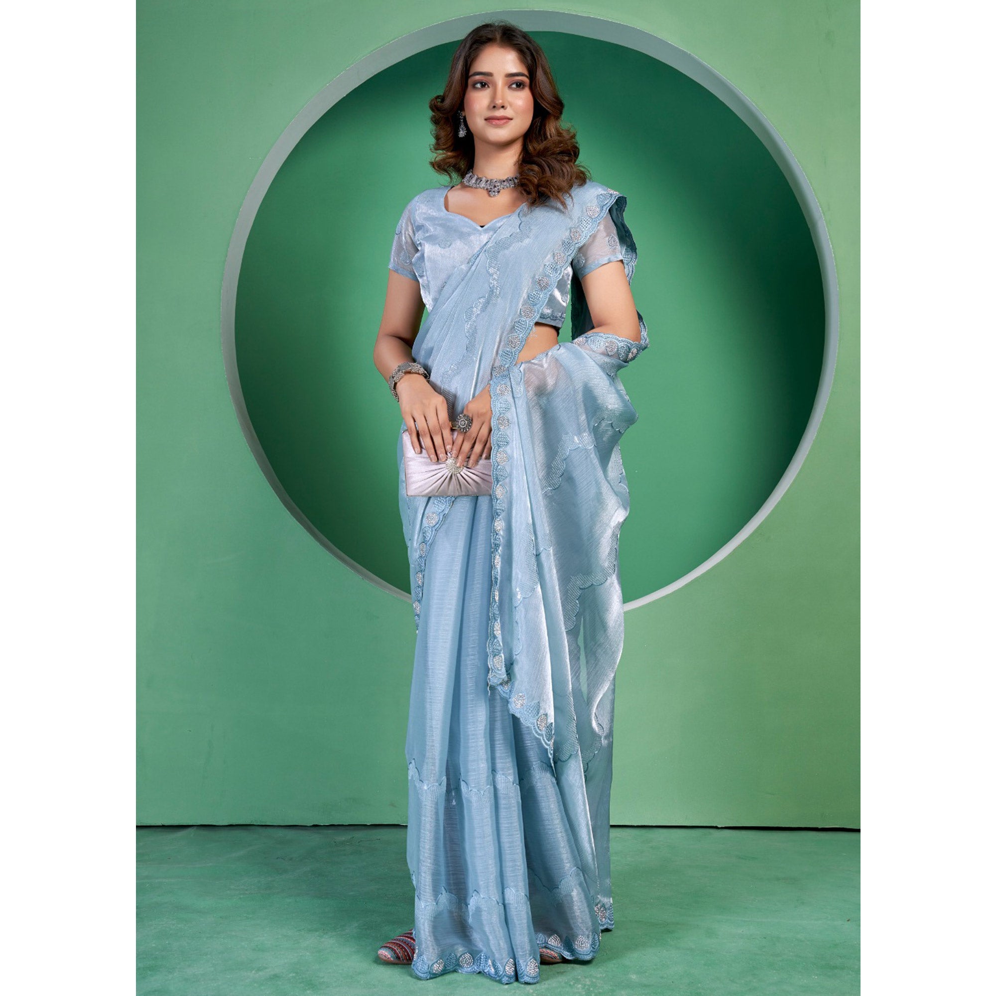 Blue Sequins Embroidered Chiffon Saree With Diamond Border