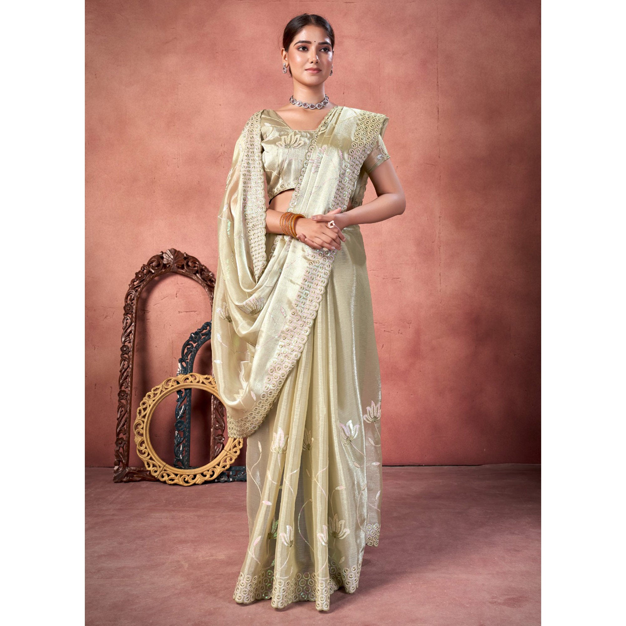 Pista Green Floral Sequins Embroidered chiffon Saree