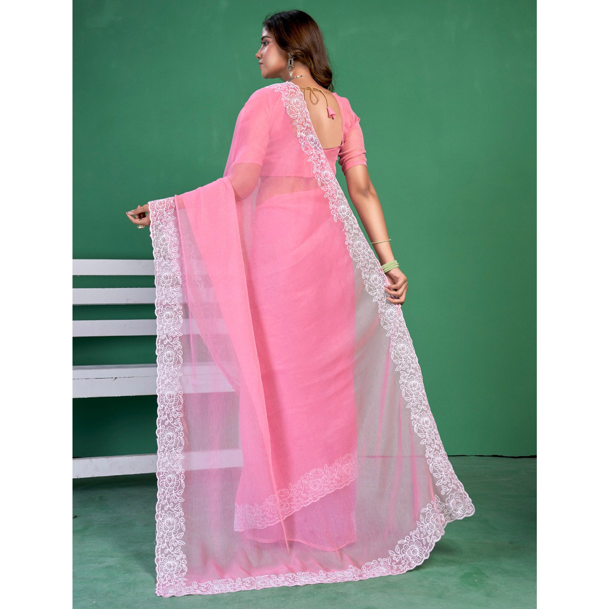 Pink Chiffon Saree With Embroidered Border