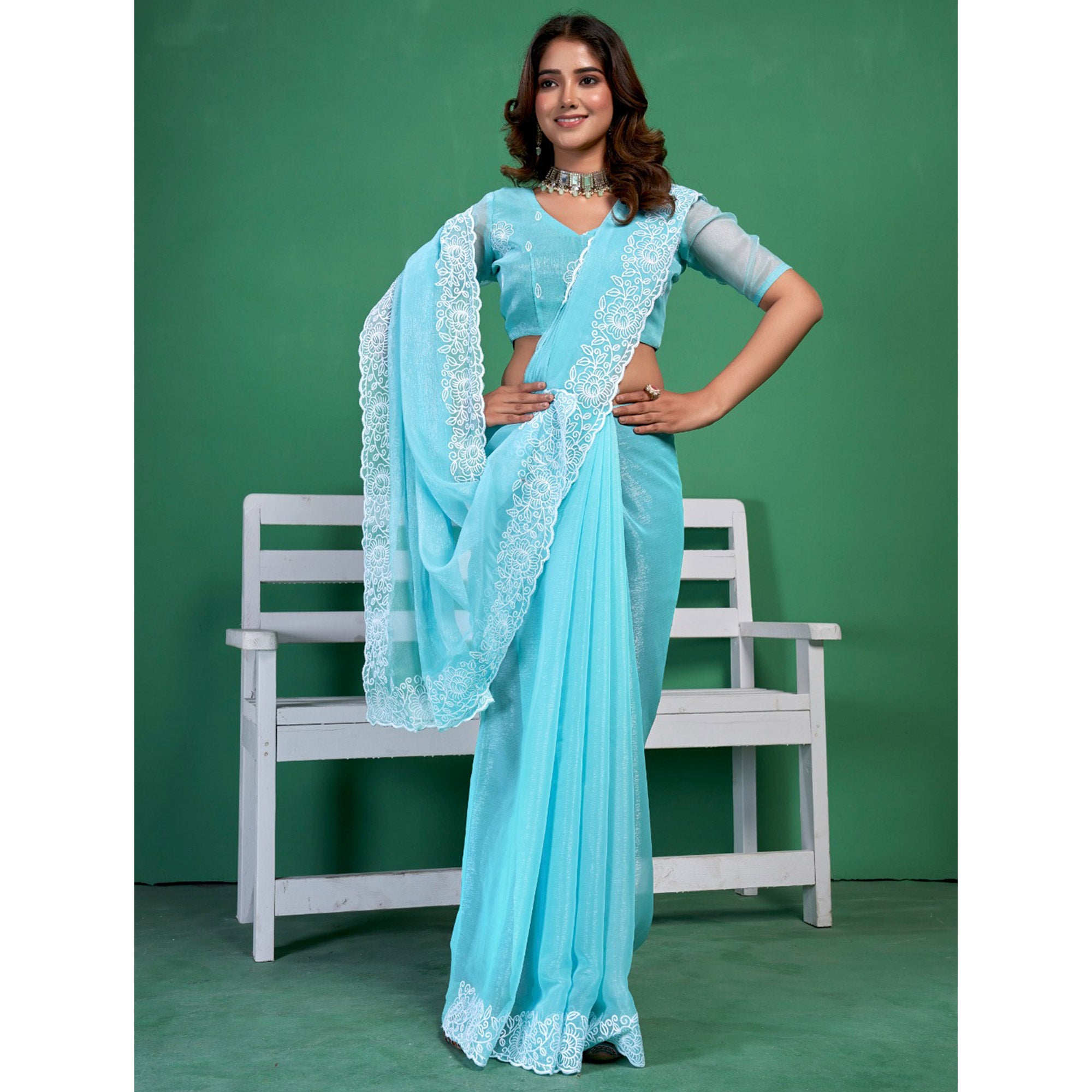Blue Chiffon Saree With Embroidered Border