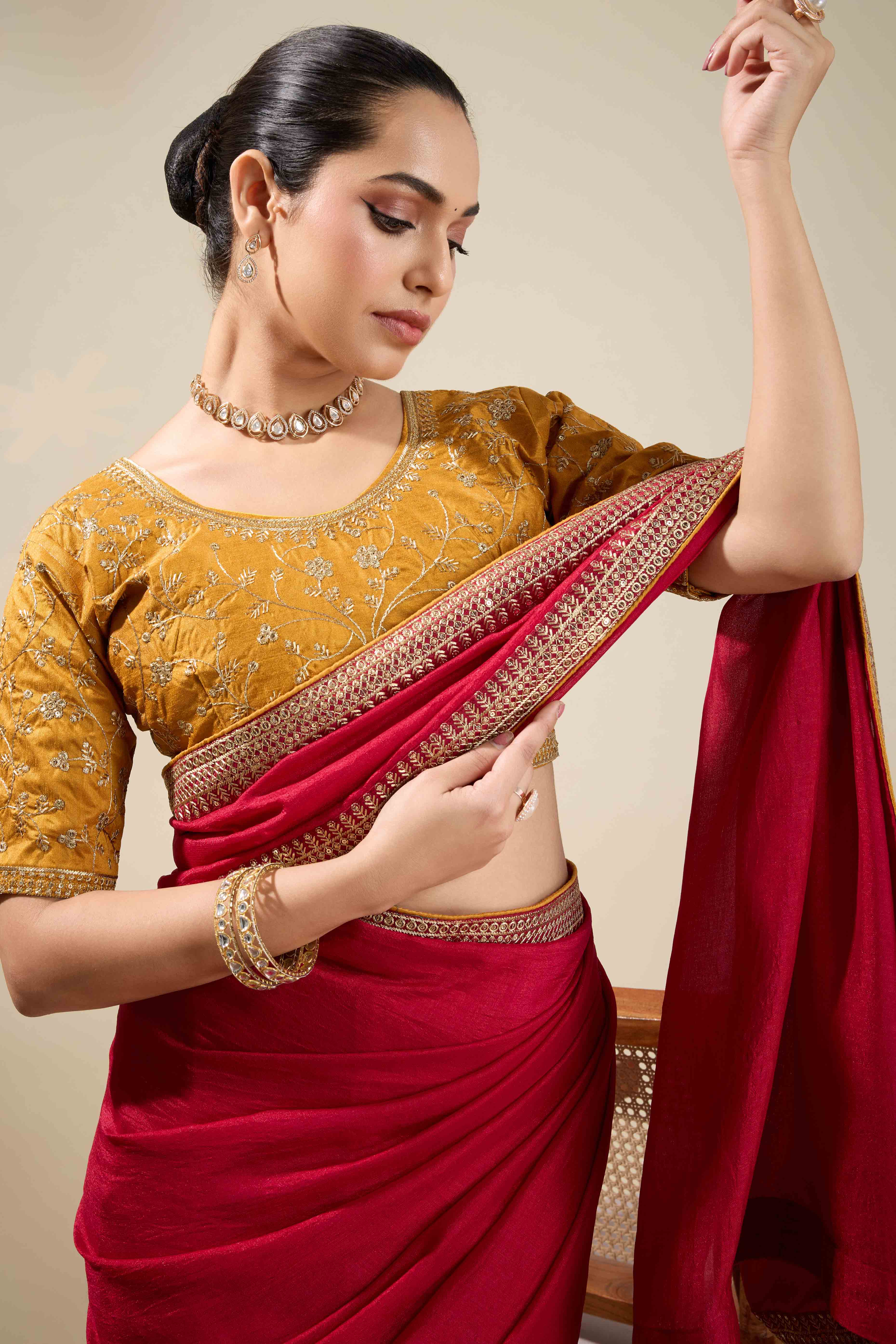 Graceful Vichitra Silk Saree in Cherry Red with Embroidered Bordering