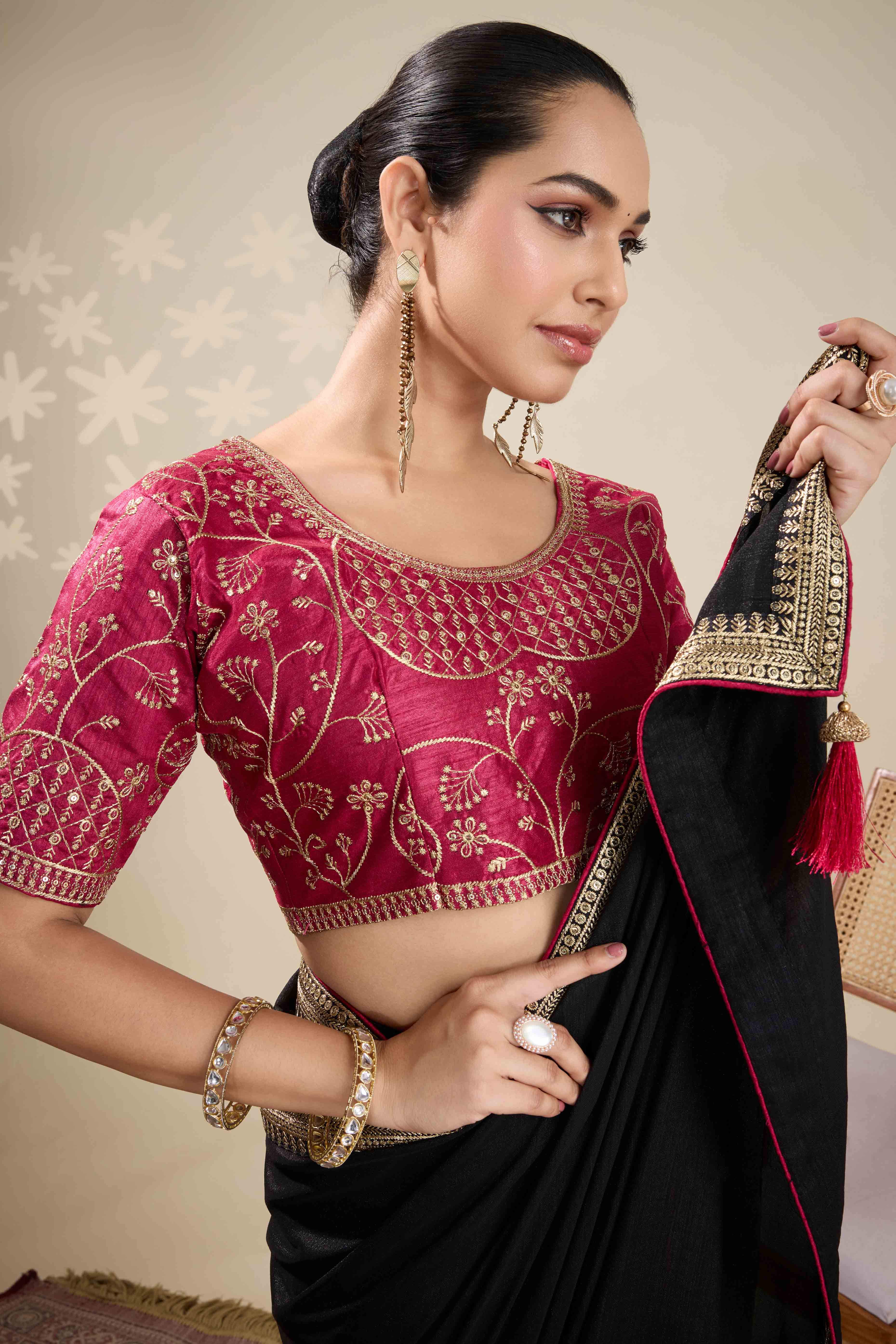 Graceful Vichitra Silk Saree in Black with Embroidered Bordering