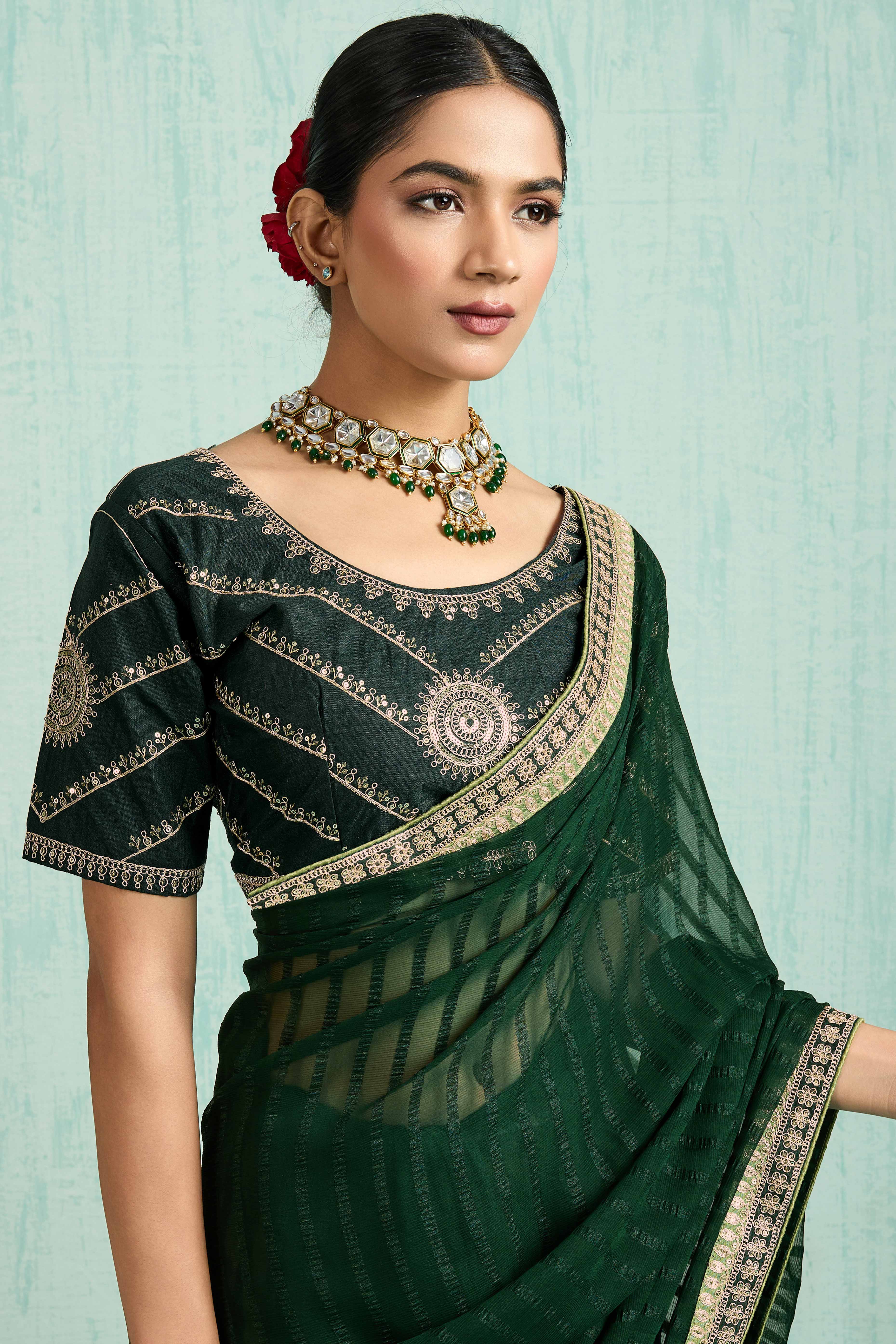 Green Chiffon Saree With Elegant Stripes & Sequins Embroidered Border