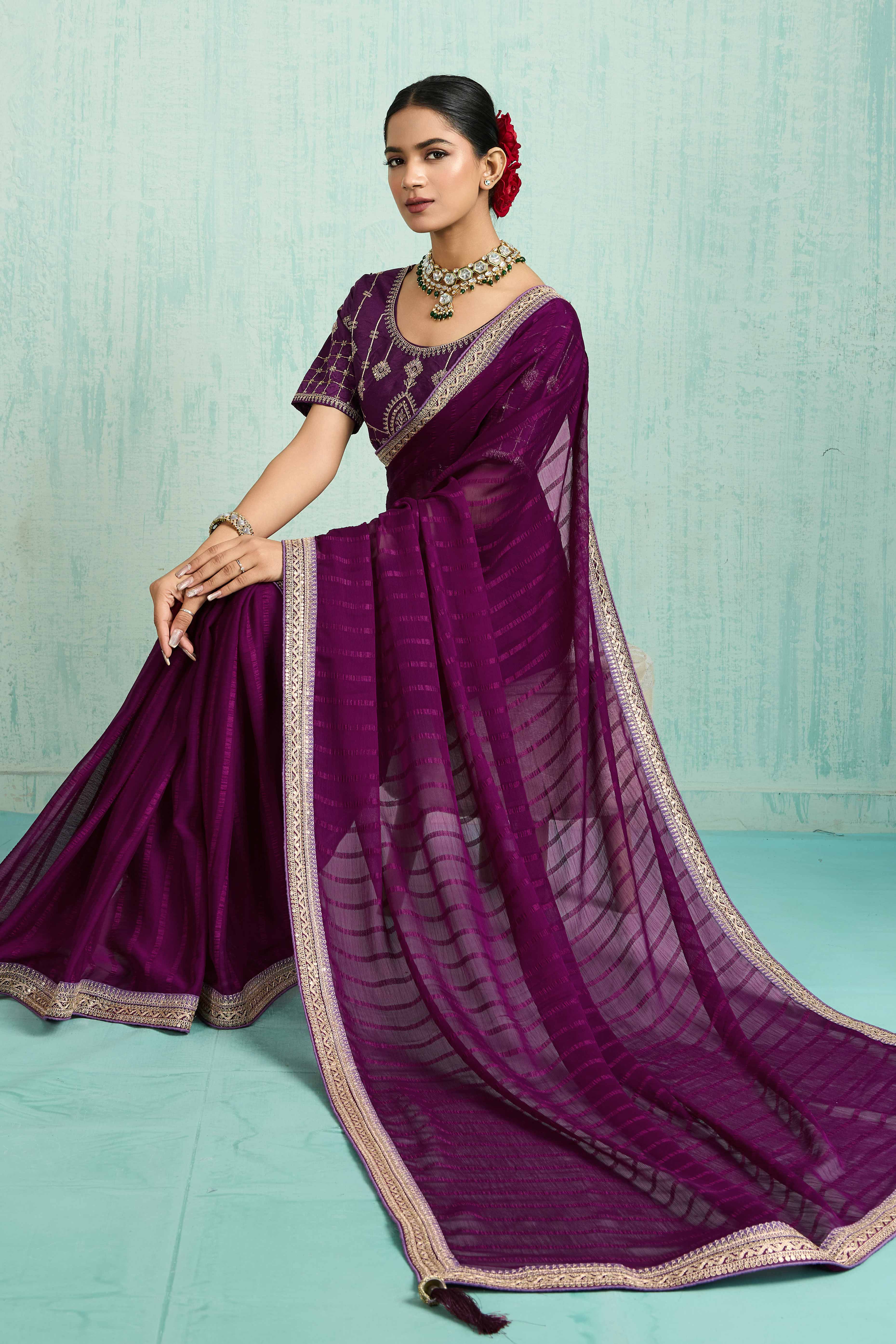Purple Chiffon Saree With Elegant Stripes & Sequins Embroidered Border