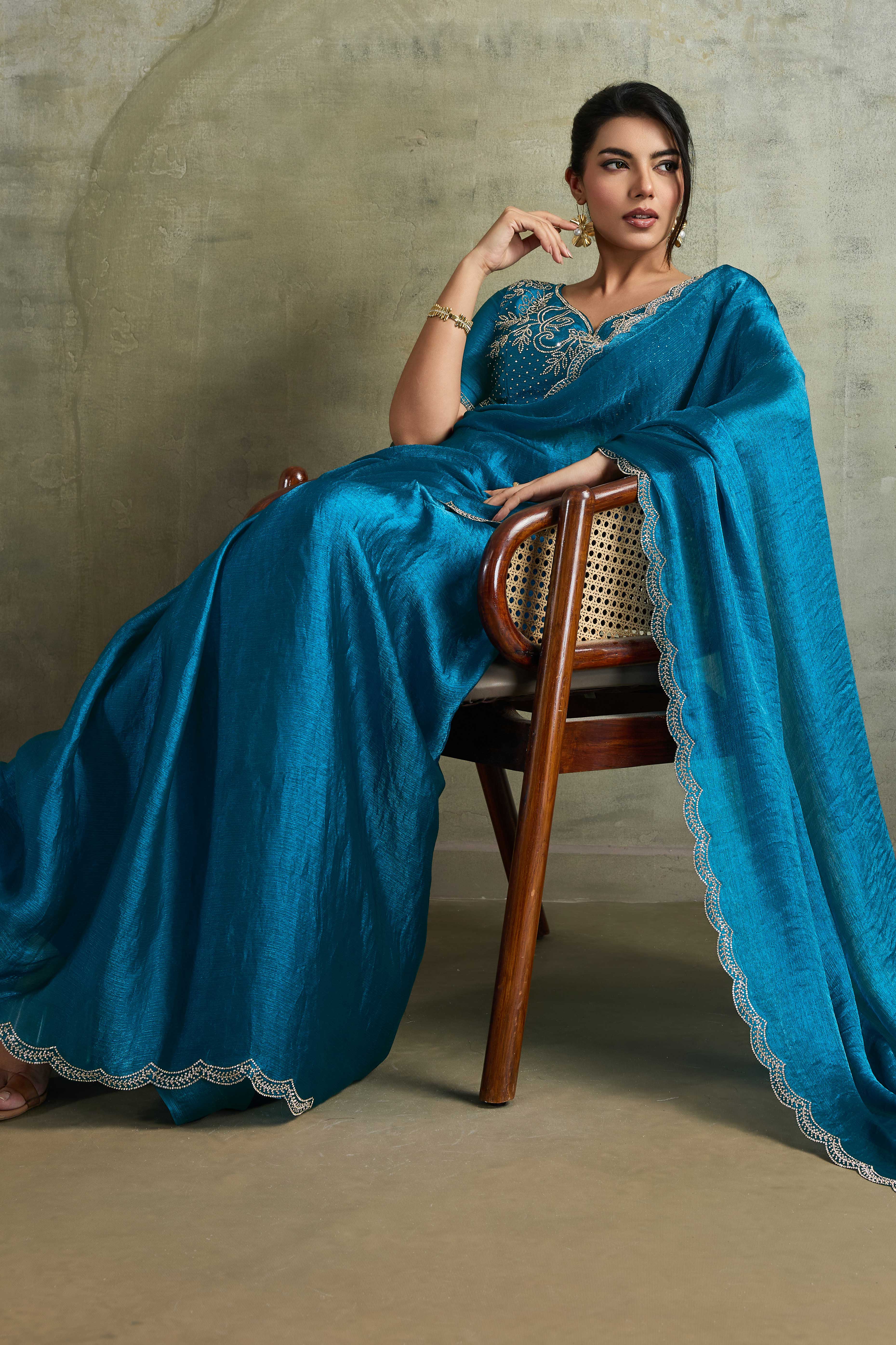 Blue Solid Chiffon Saree With Sparkling Zarkan Border & Latkan Pallu