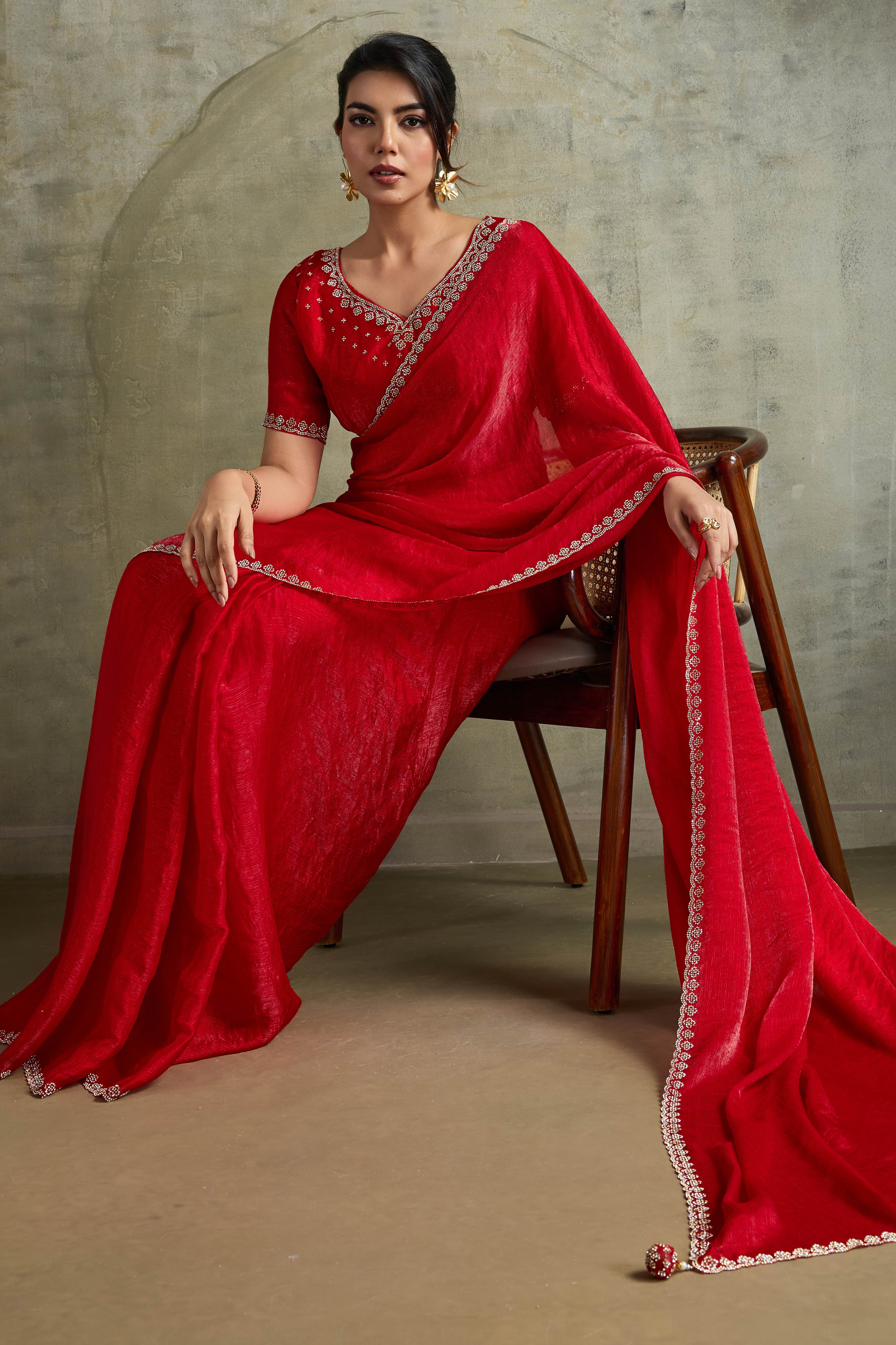 Red Solid Chiffon Saree With Sparkling Zarkan Border & Latkan Pallu