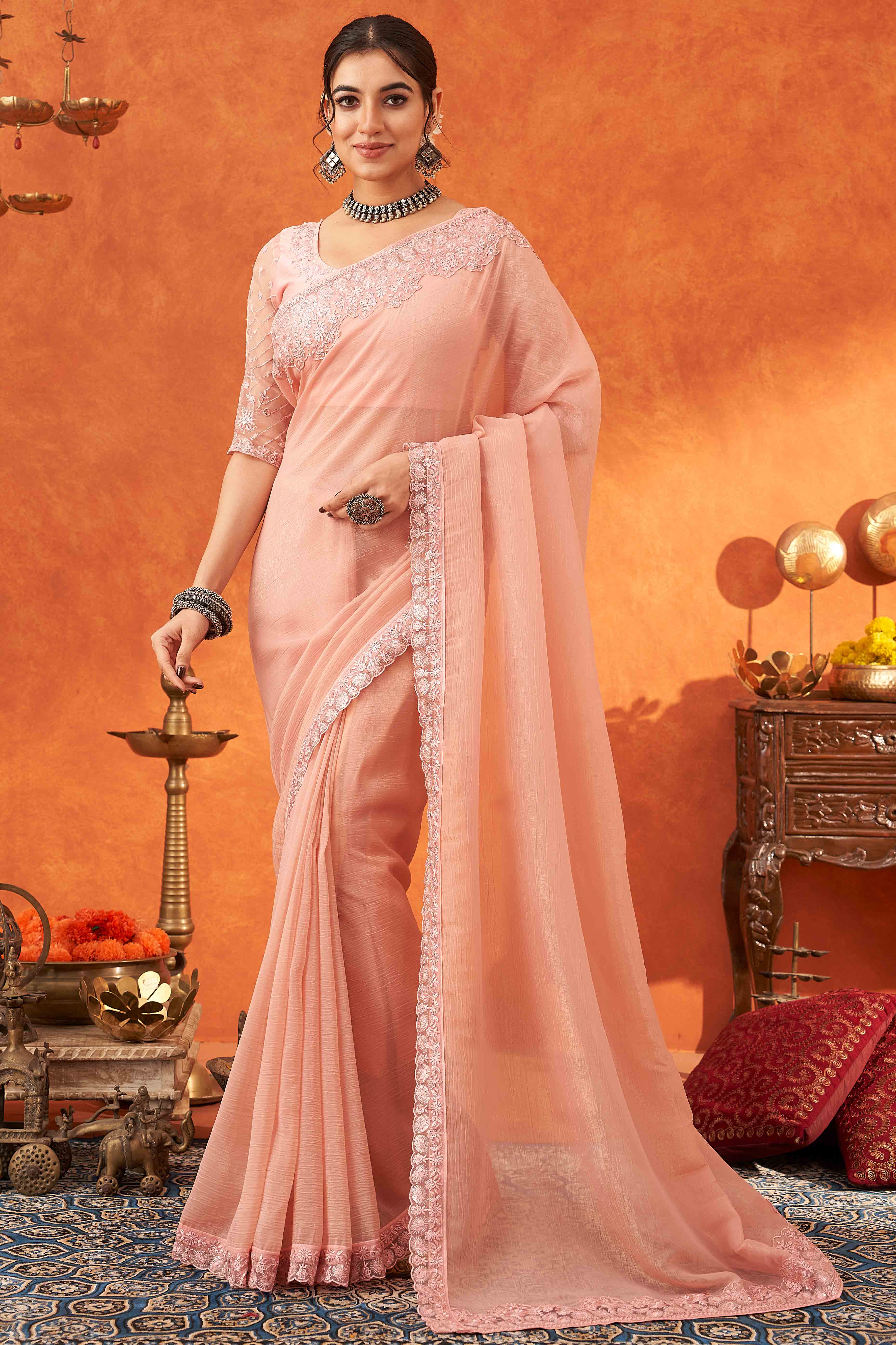 Peach Embroidered Crunchy Soft Net Saree With Embellished Border