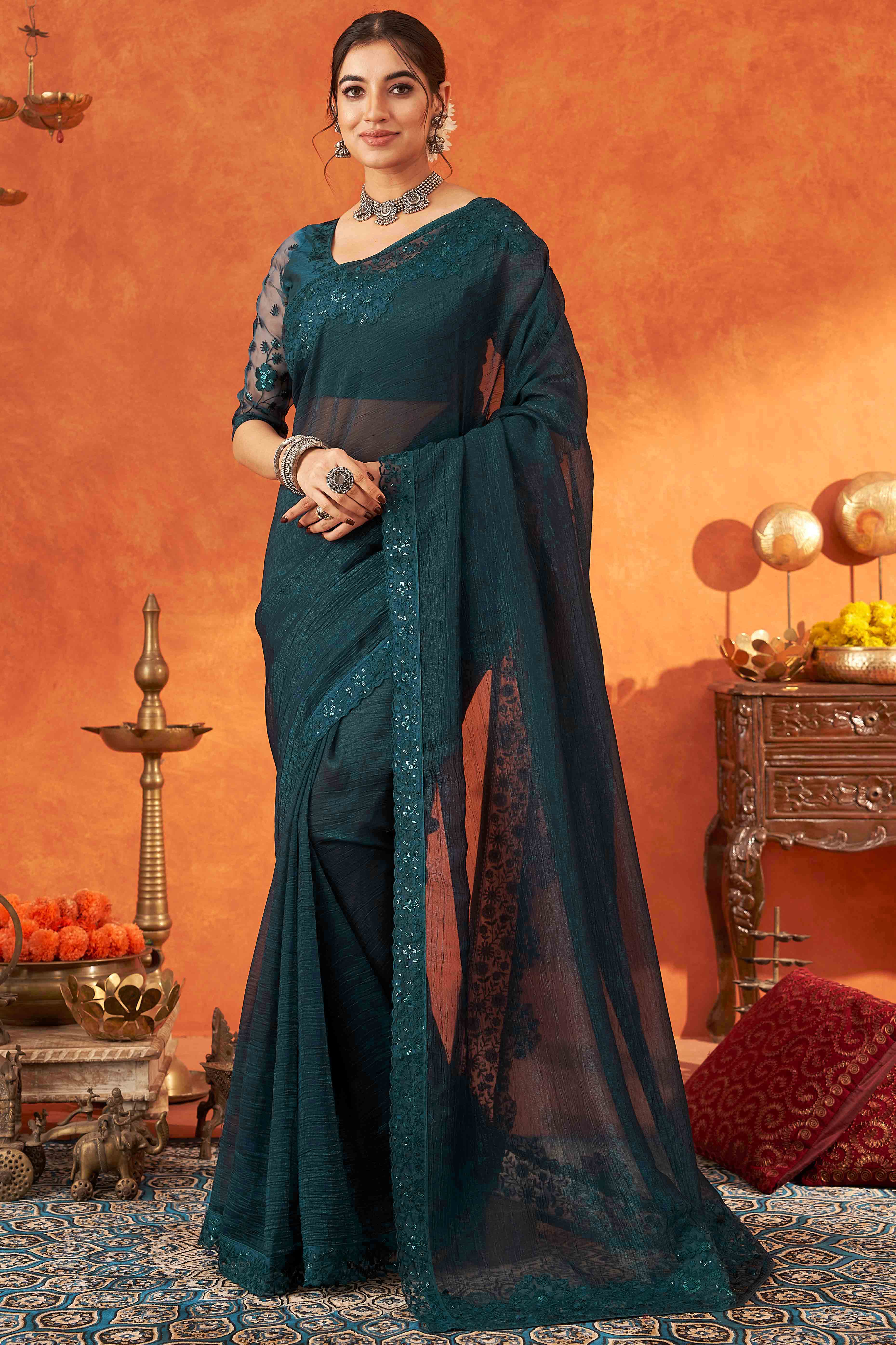 Teal Embroidered Crunchy Soft Net Saree With Embellished Border