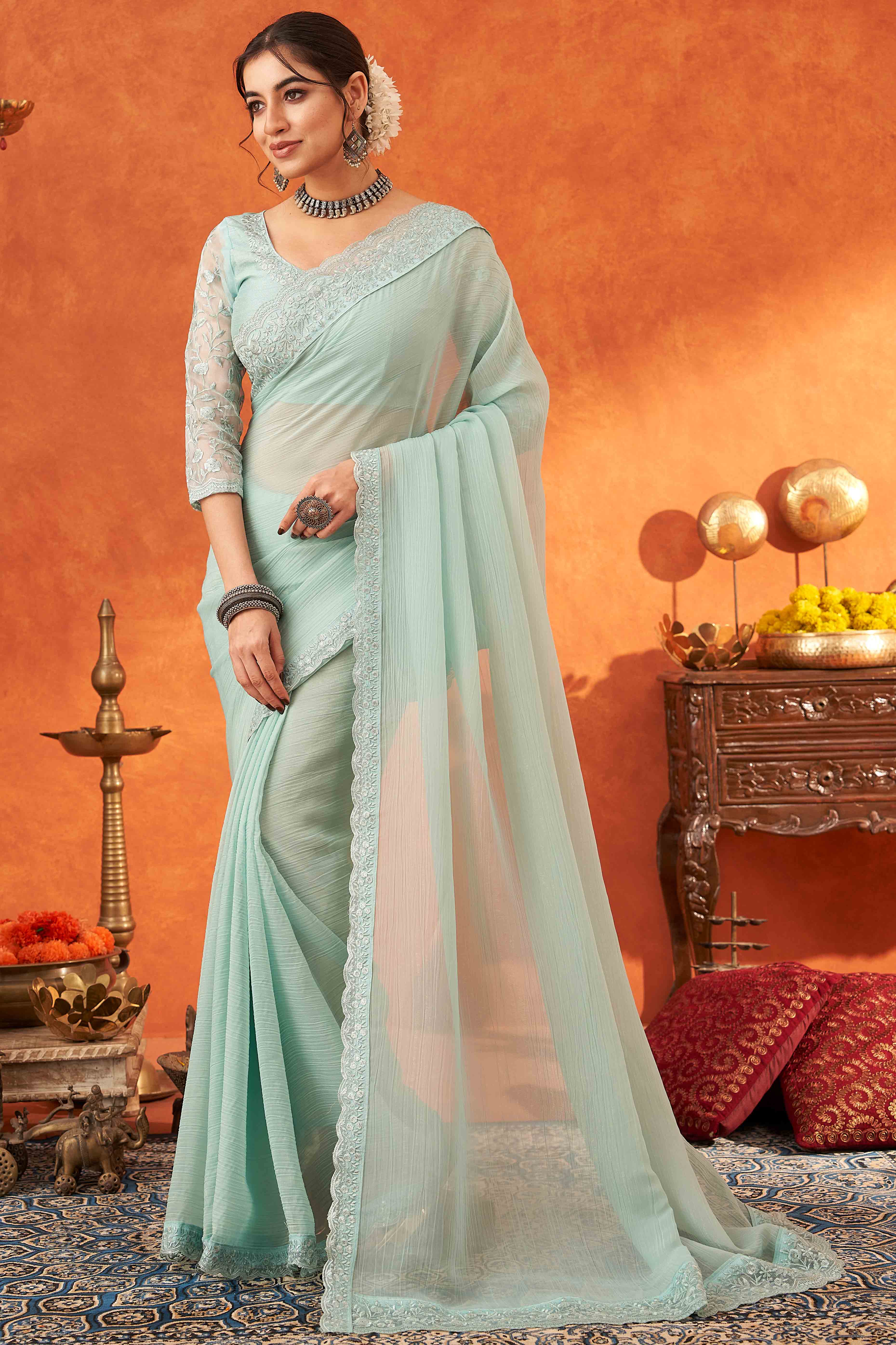 Mint Green Embroidered Crunchy Soft Net Saree With Embellished Border