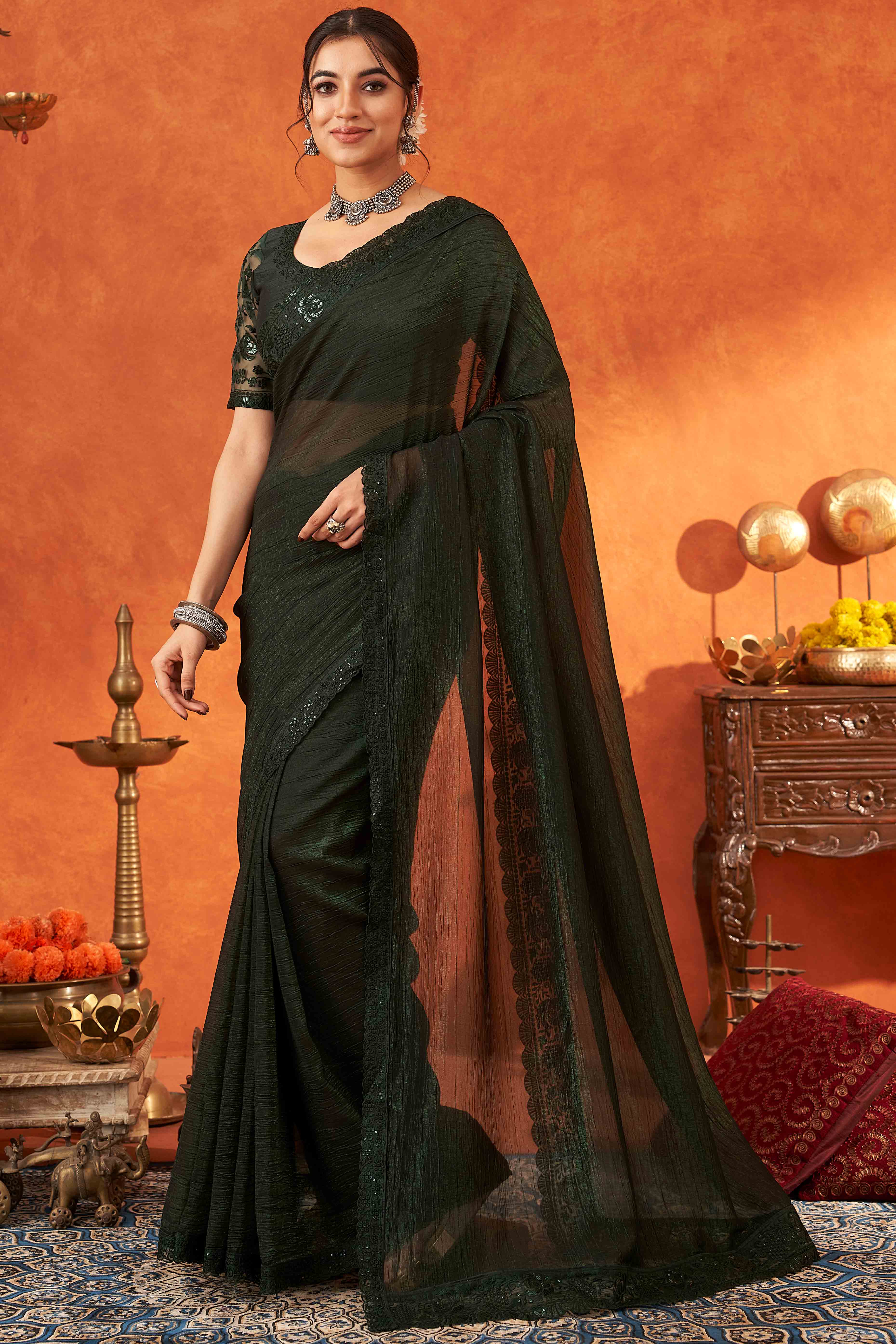 Green Embroidered Crunchy Soft Net Saree With Embellished Border