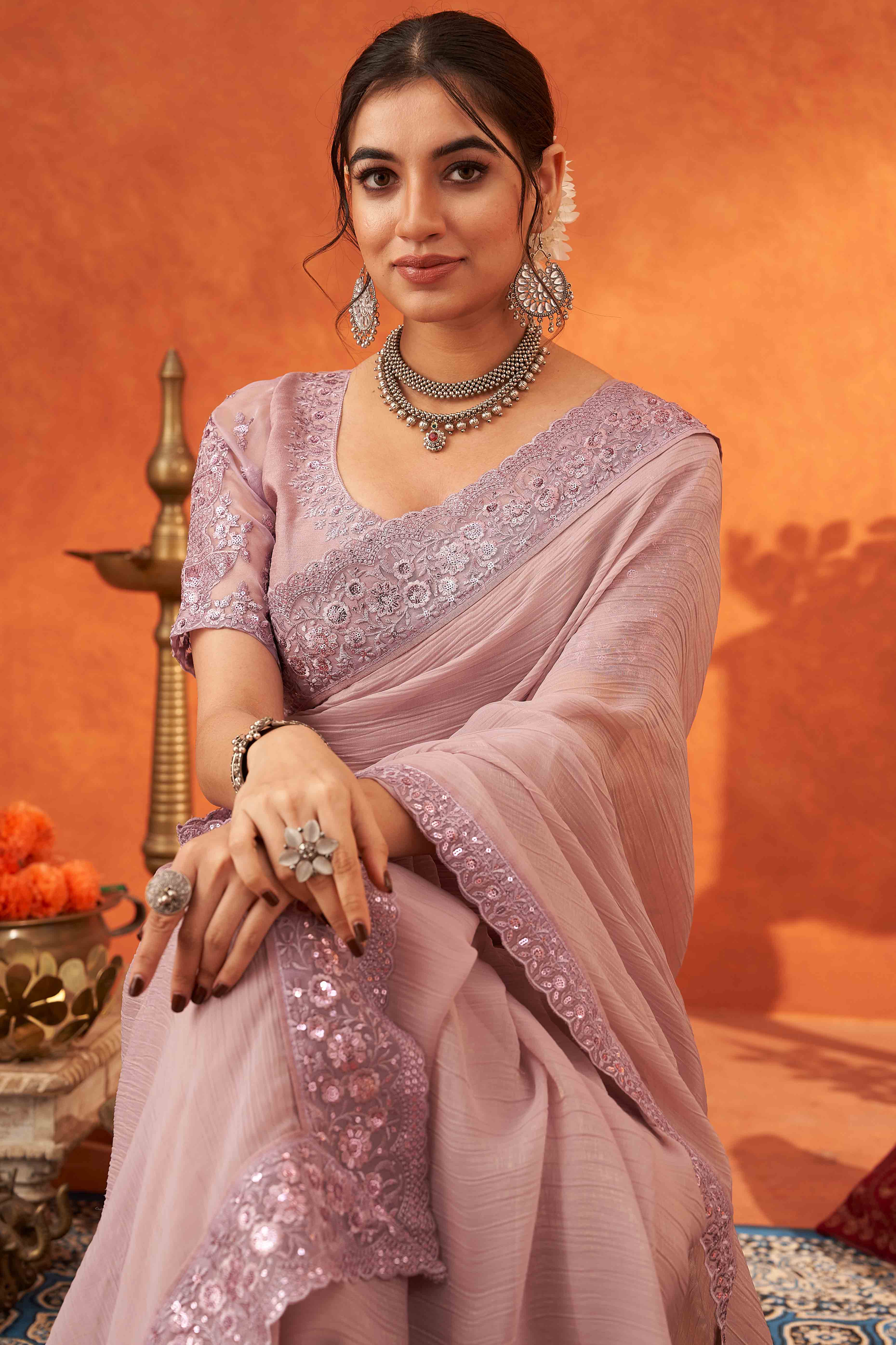 Lavender Embroidered Crunchy Soft Net Saree With Embellished Border