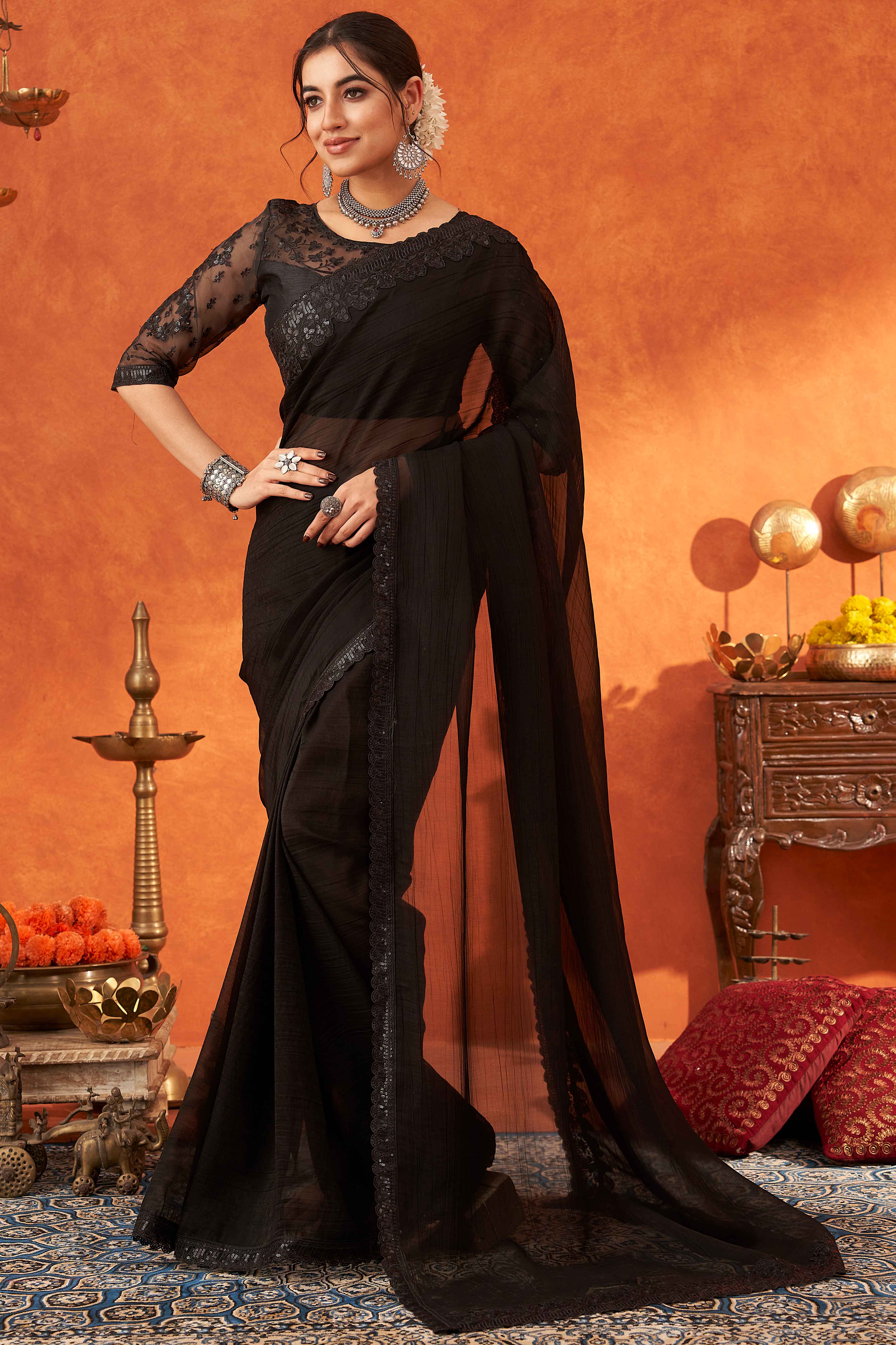 Black Embroidered Crunchy Soft Net Saree With Embellished Border