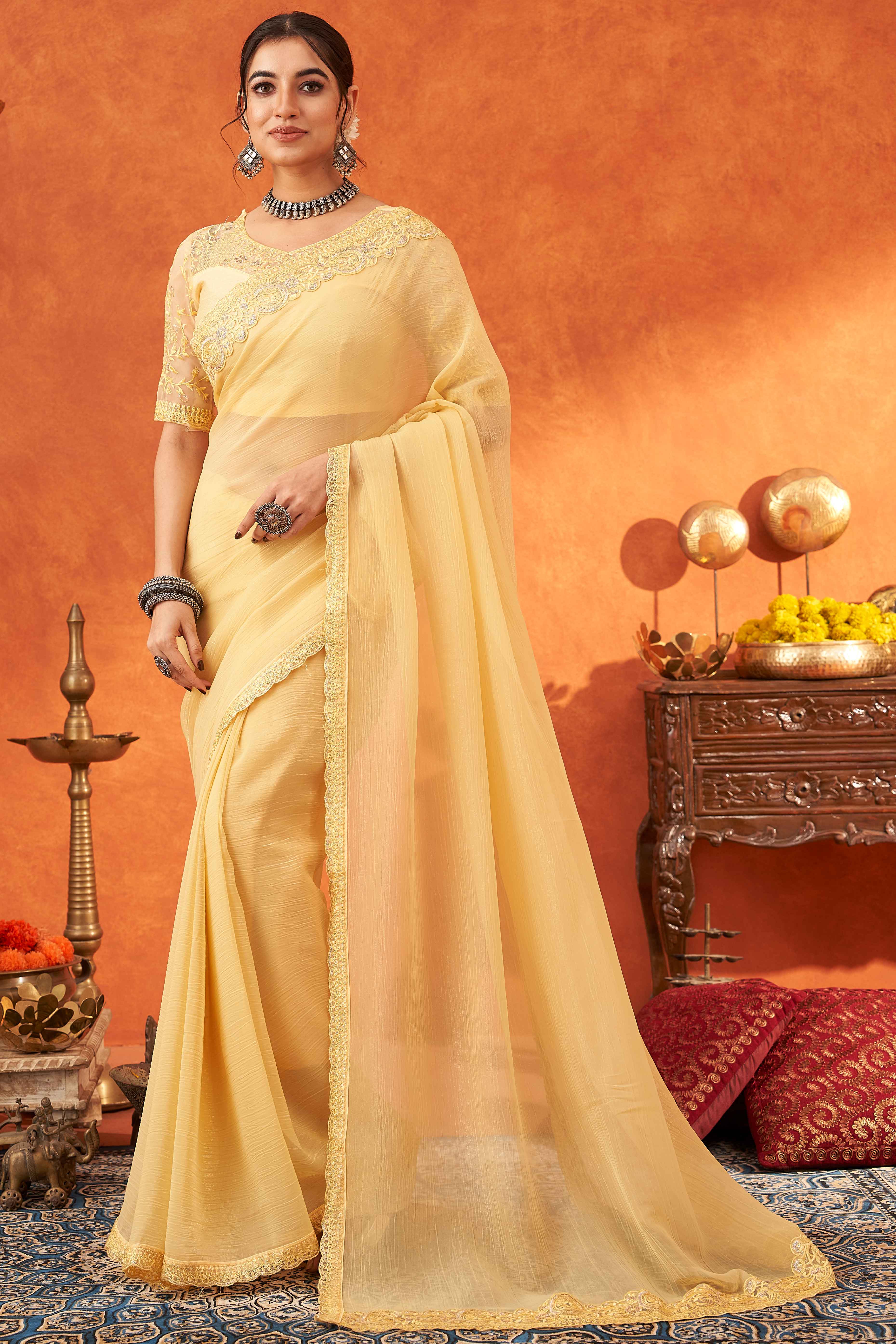 Yellow Embroidered Crunchy Soft Net Saree With Embellished Border