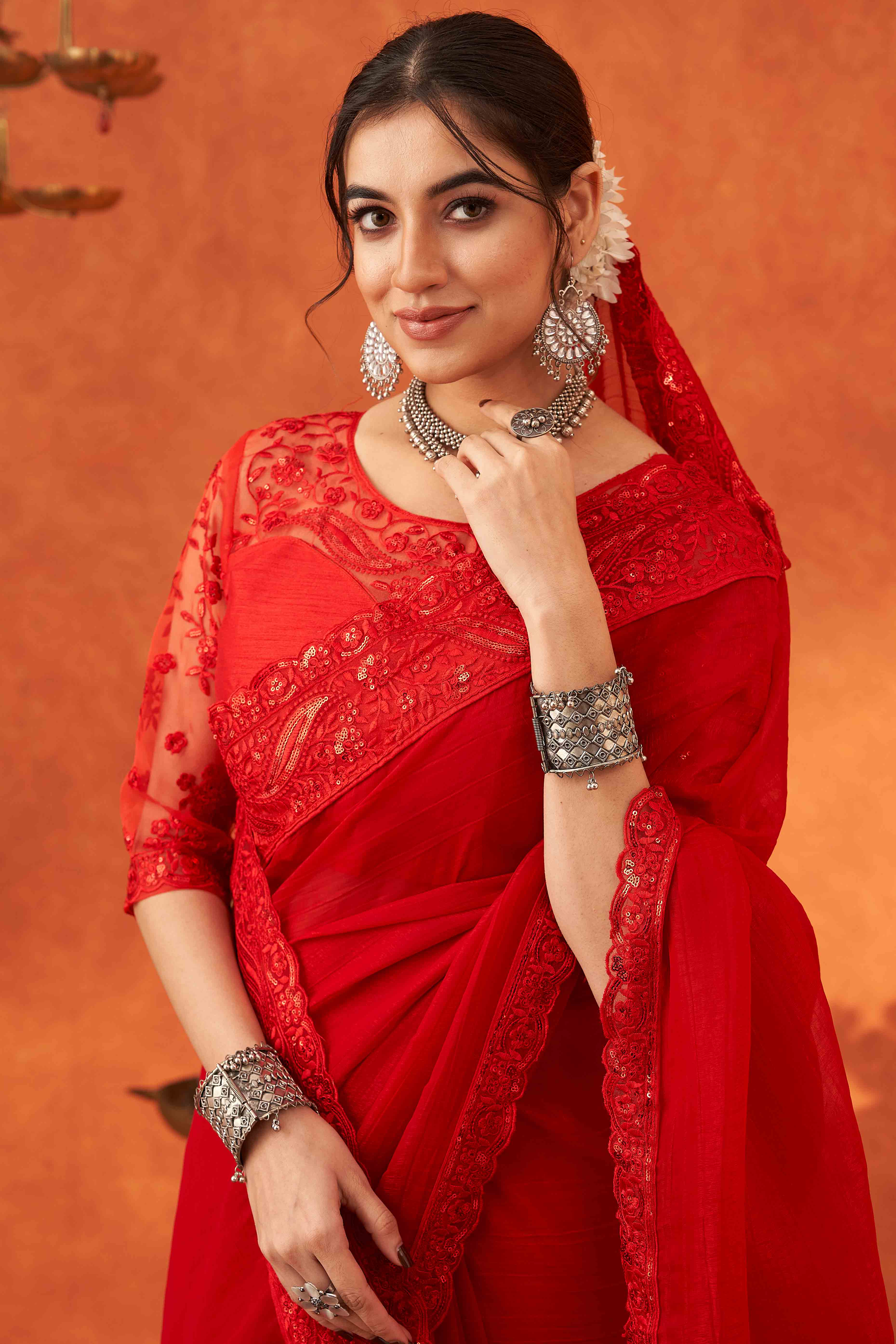 Red Embroidered Crunchy Soft Net Saree With Embellished Border