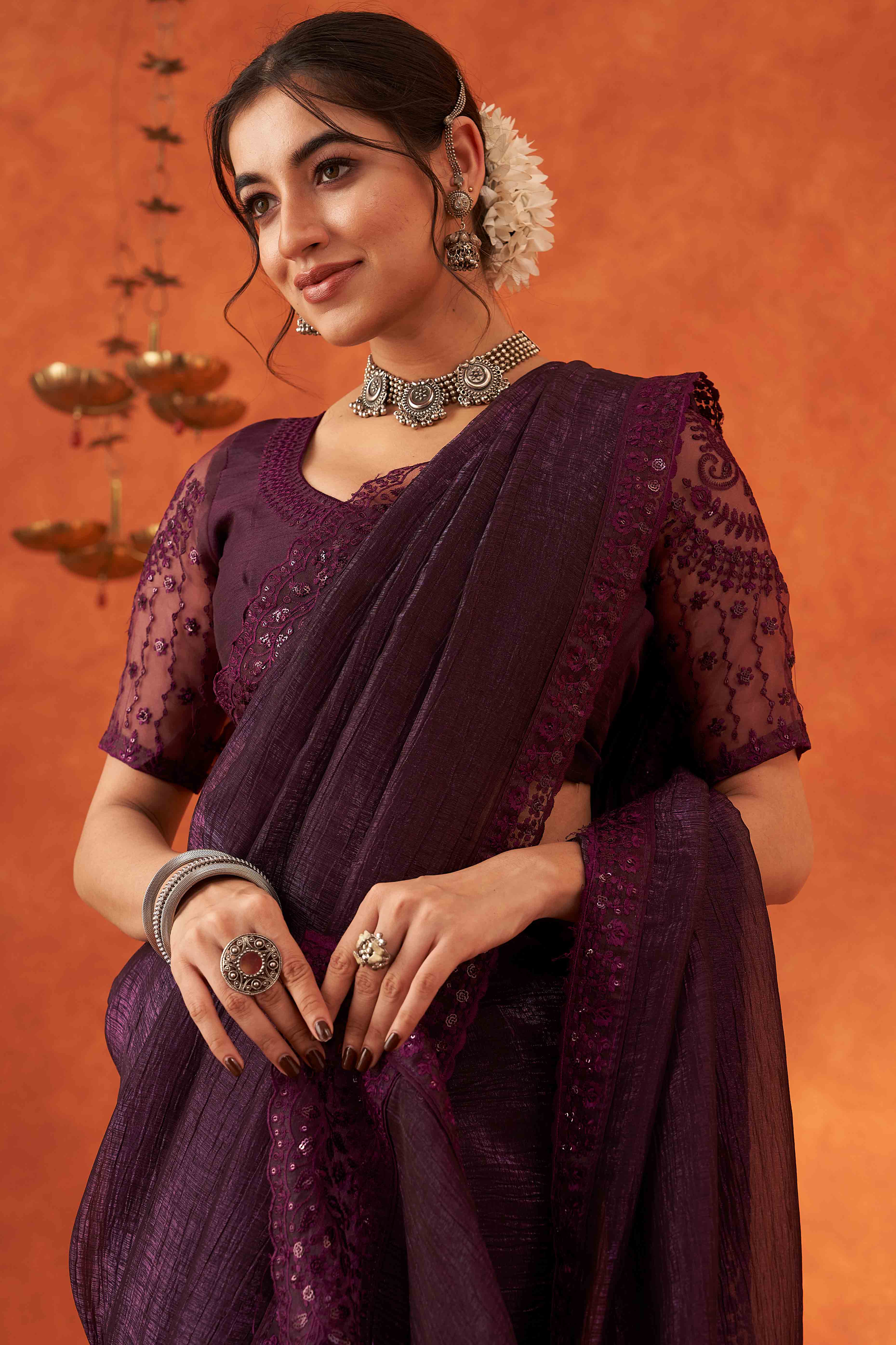 Wine Embroidered Crunchy Soft Net Saree With Embellished Border