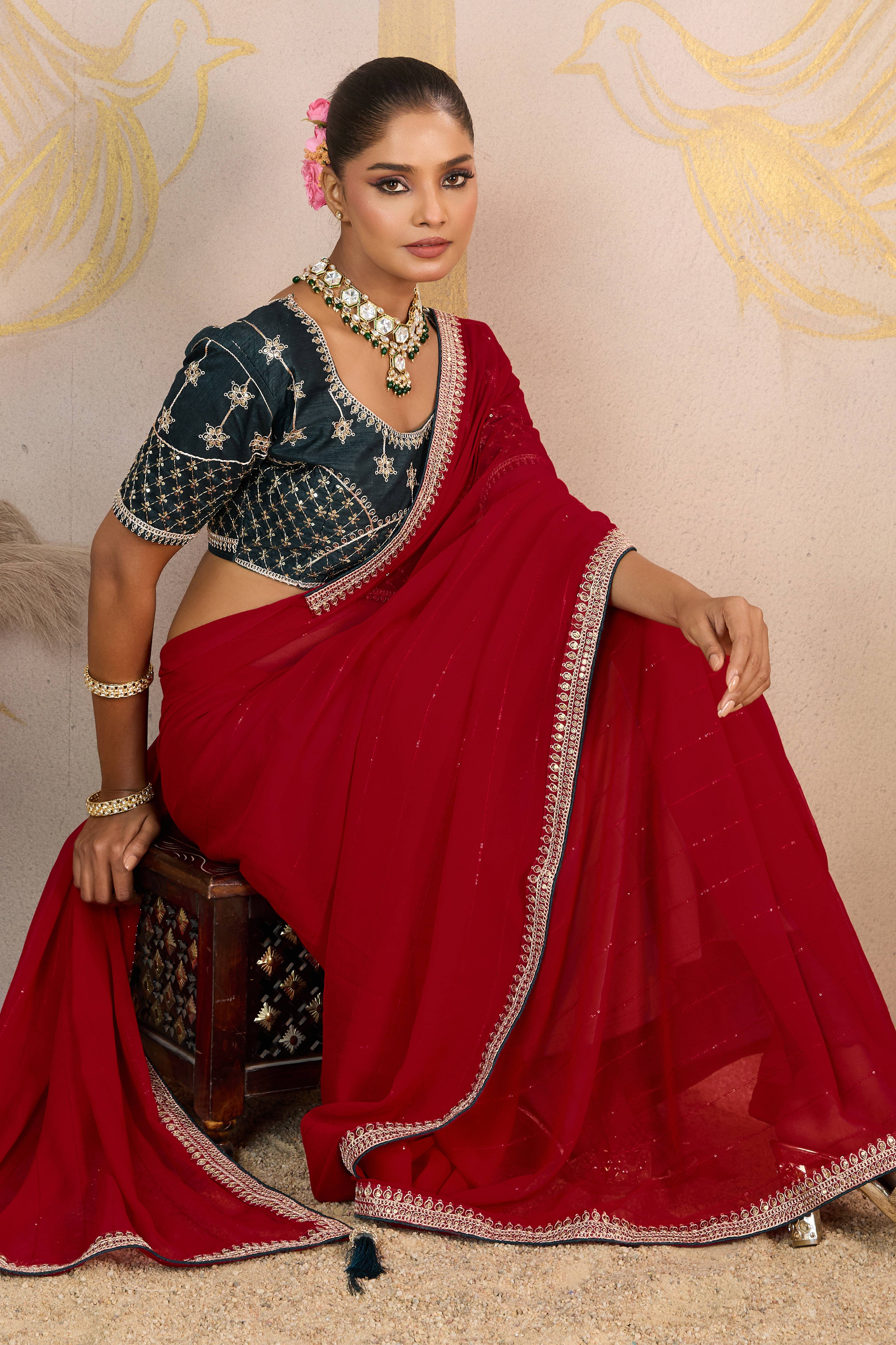 Red Zari Embroidered Georgette Saree Accented With Sequins