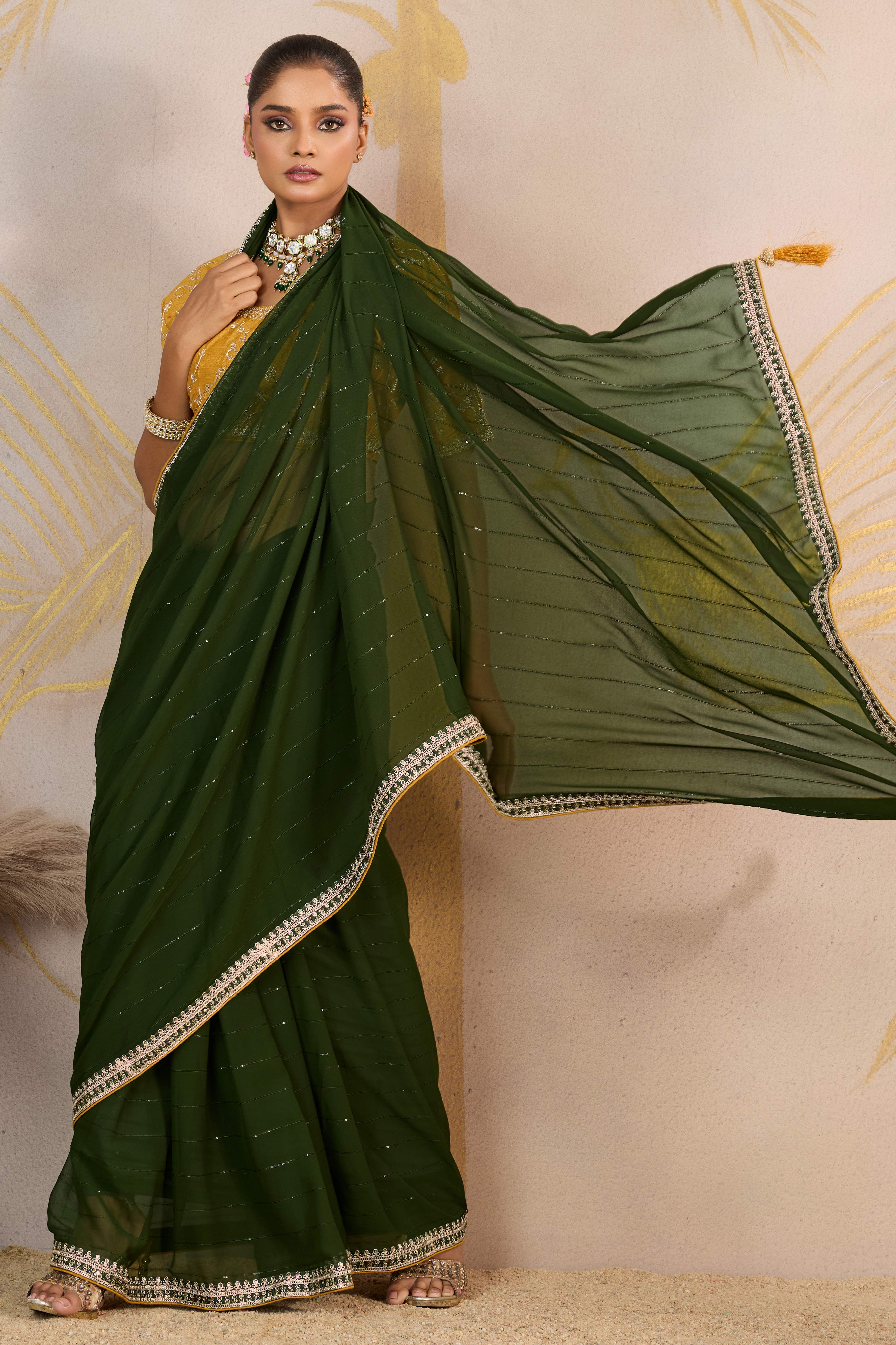 Mehendi Green Zari Embroidered Georgette Saree Accented With Sequins