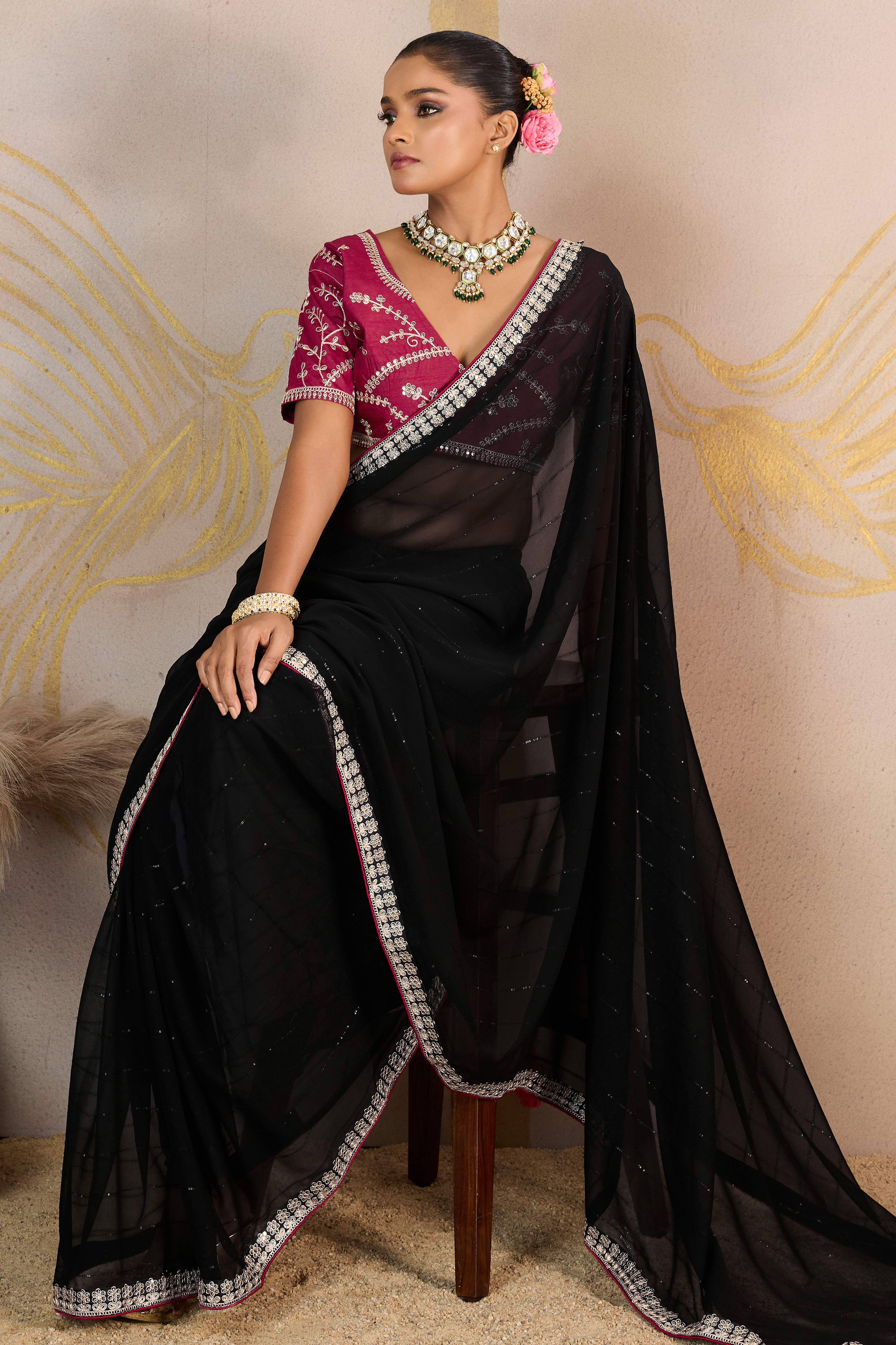 Black Zari Embroidered Georgette Saree Accented With Sequins