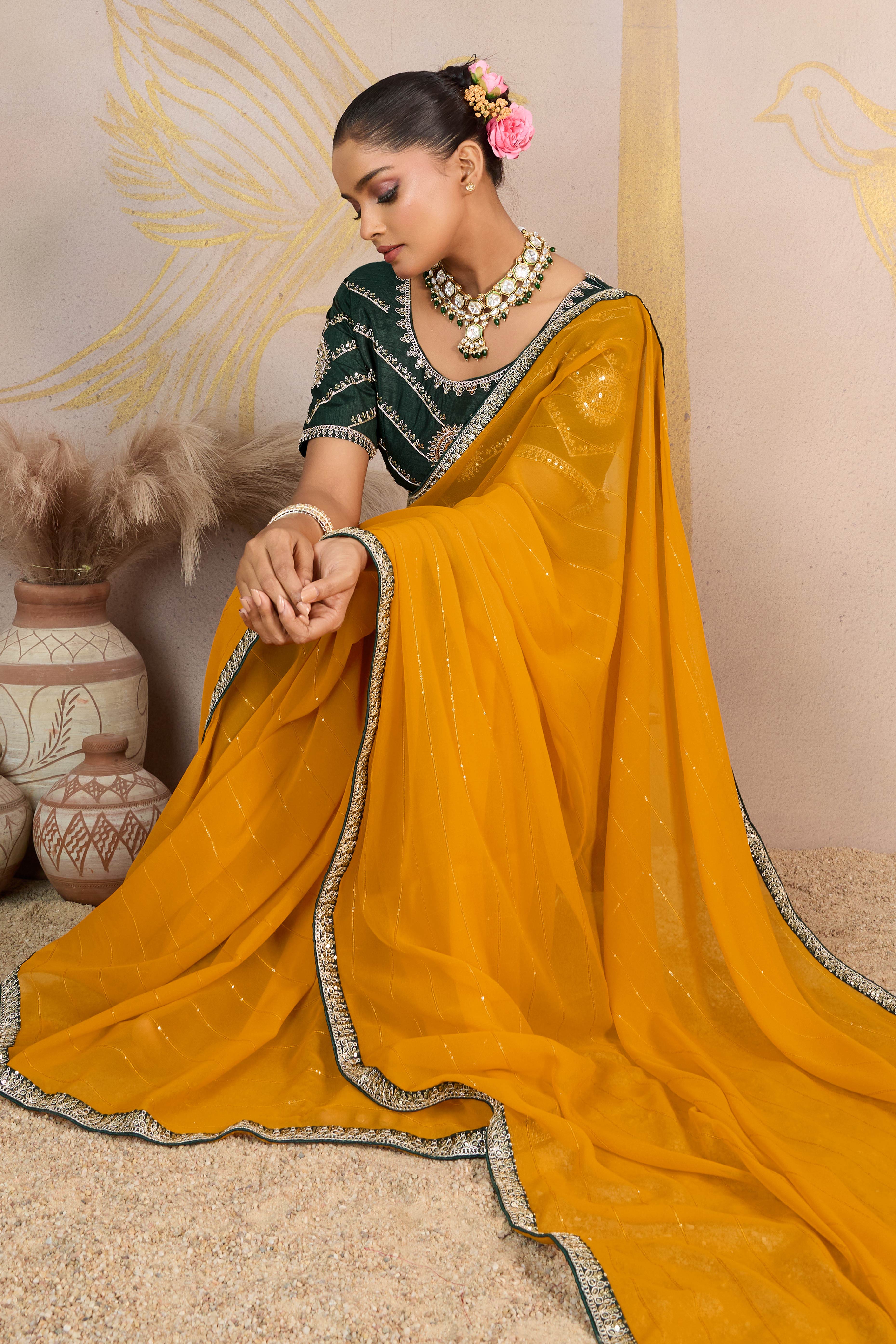 Mustard Zari Embroidered Georgette Saree Accented With Sequins