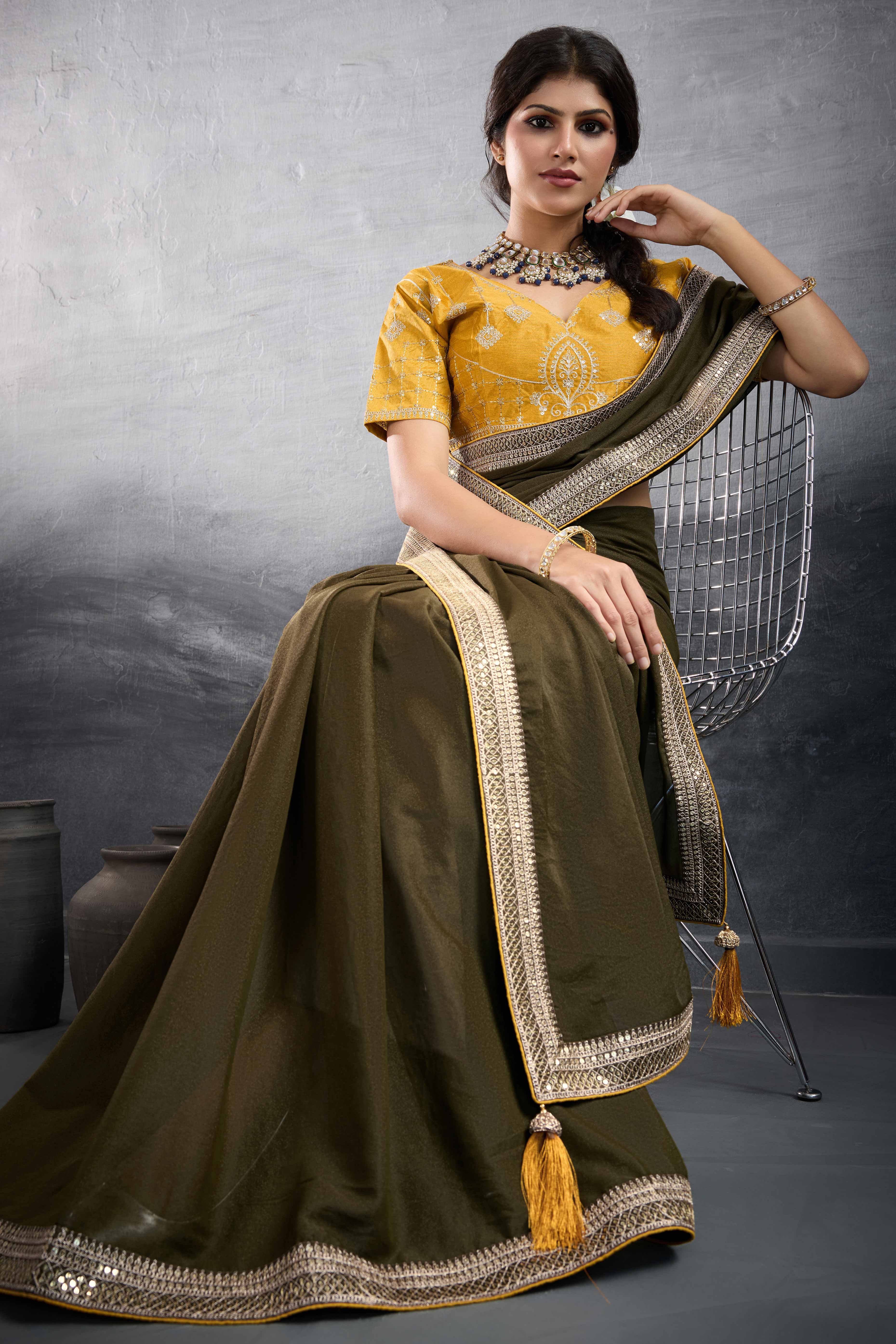 Mehendi Green Solid Saree In Georgette With Zari & Sequins Embroidery Border