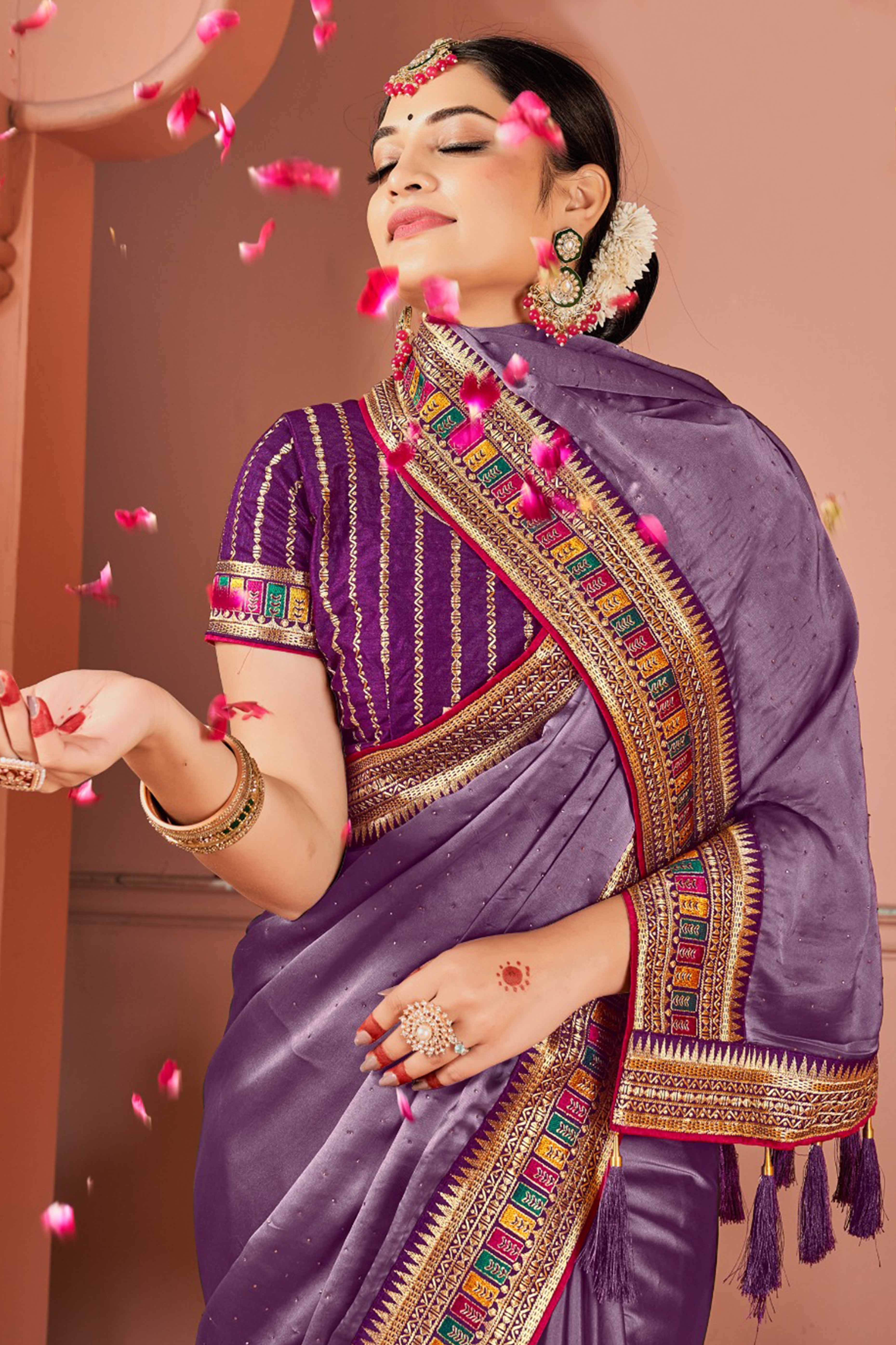 Lavender Swarovski Work Satin Rangoli Saree With Embroidered Border