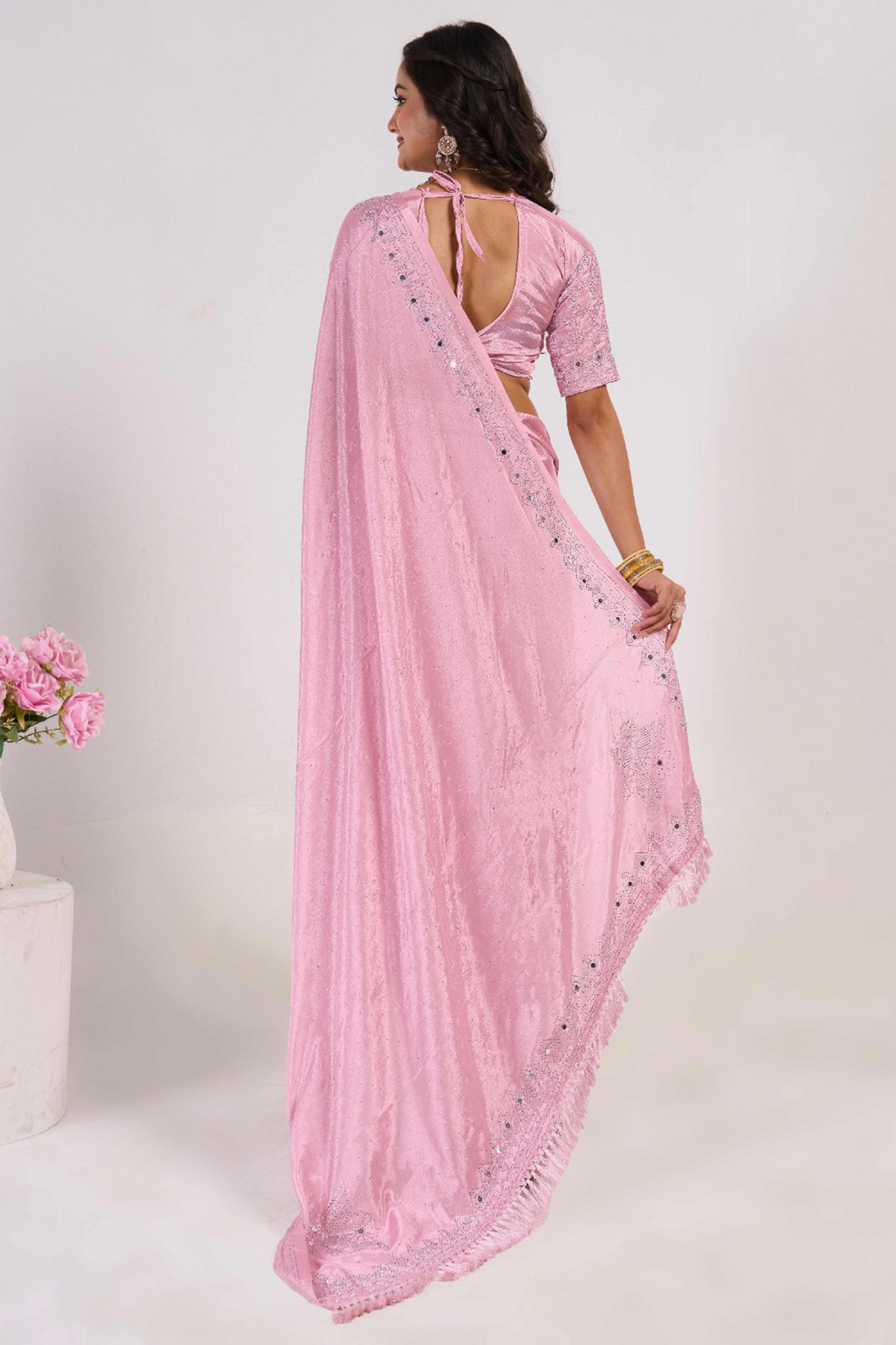Pink Swarovski With Mirror Work Chinon Saree