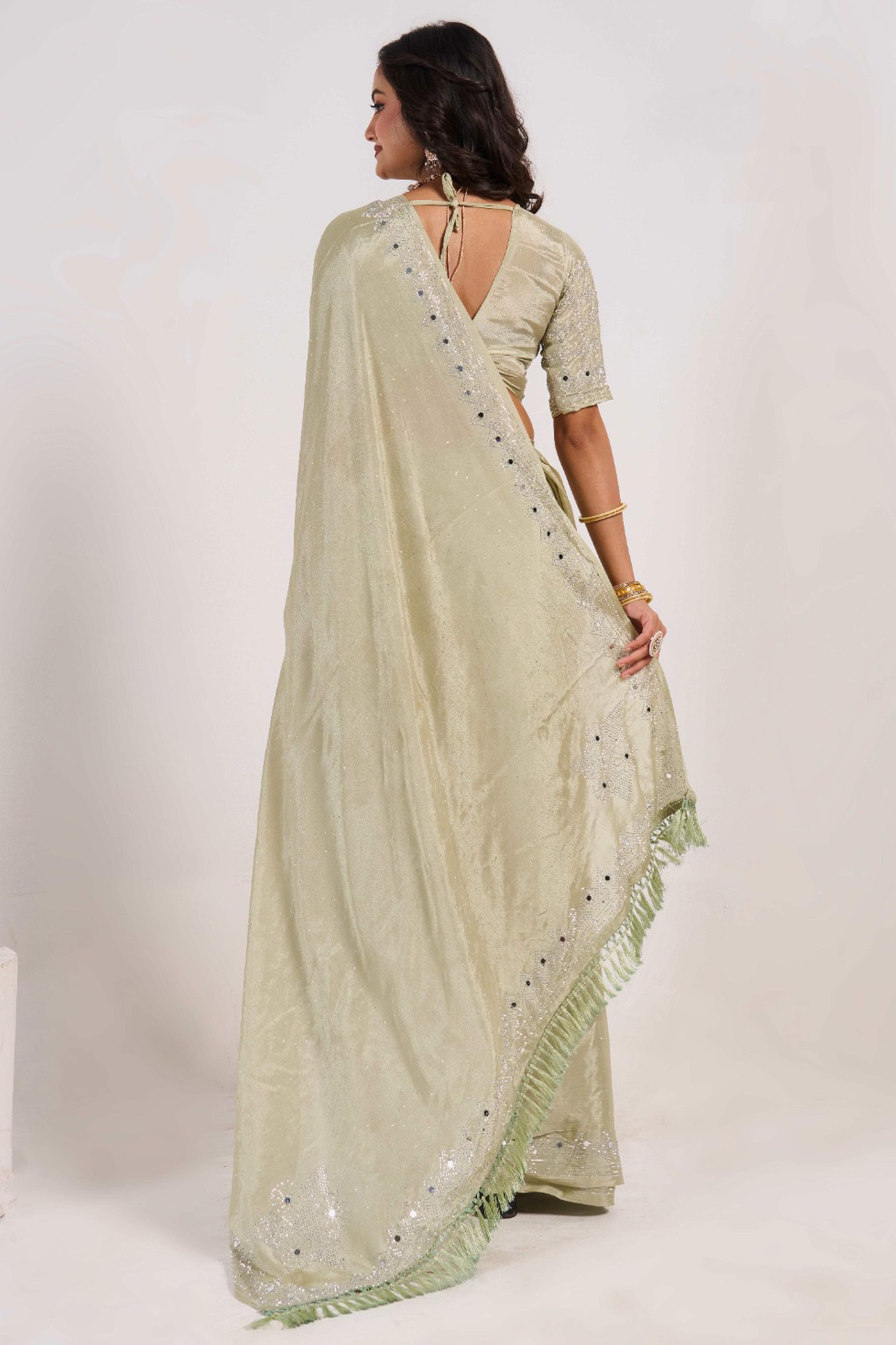 Pista Green Swarovski With Mirror Work Chinon Saree