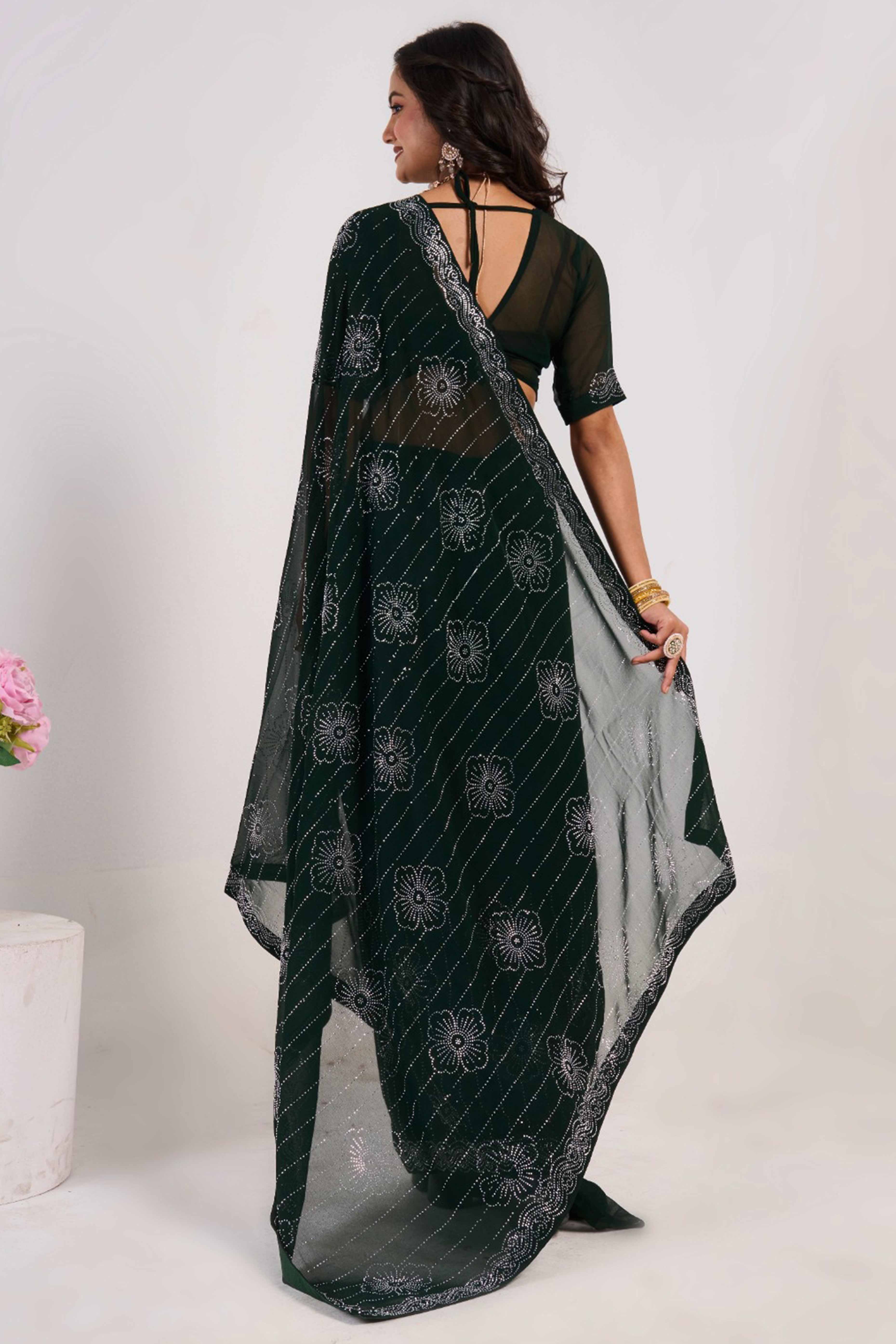 Dark Green Swarovski Work Georgette Saree