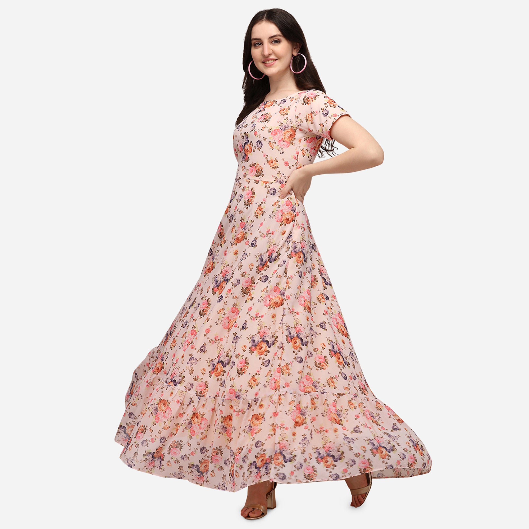 Cream Floral Printed Georgette Dress