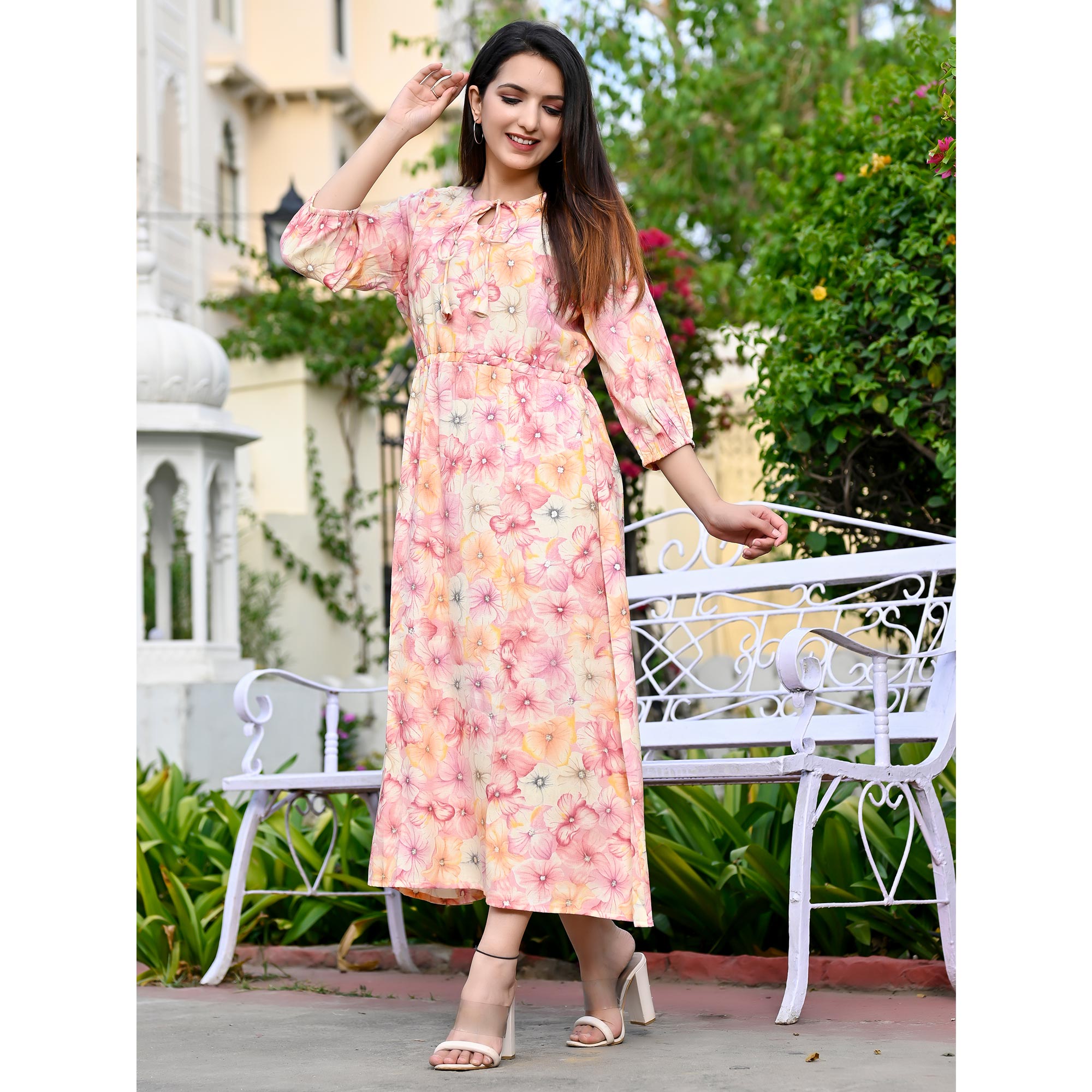 Pink Floral Printed Rayon Dress