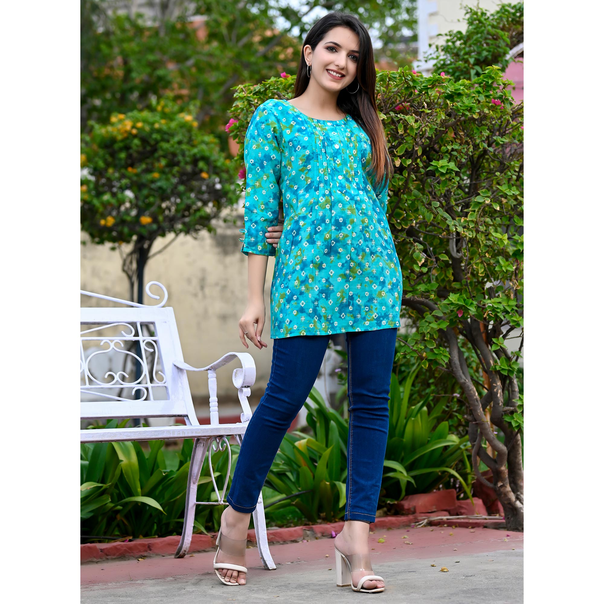 Turquoise Printed Chanderi Top
