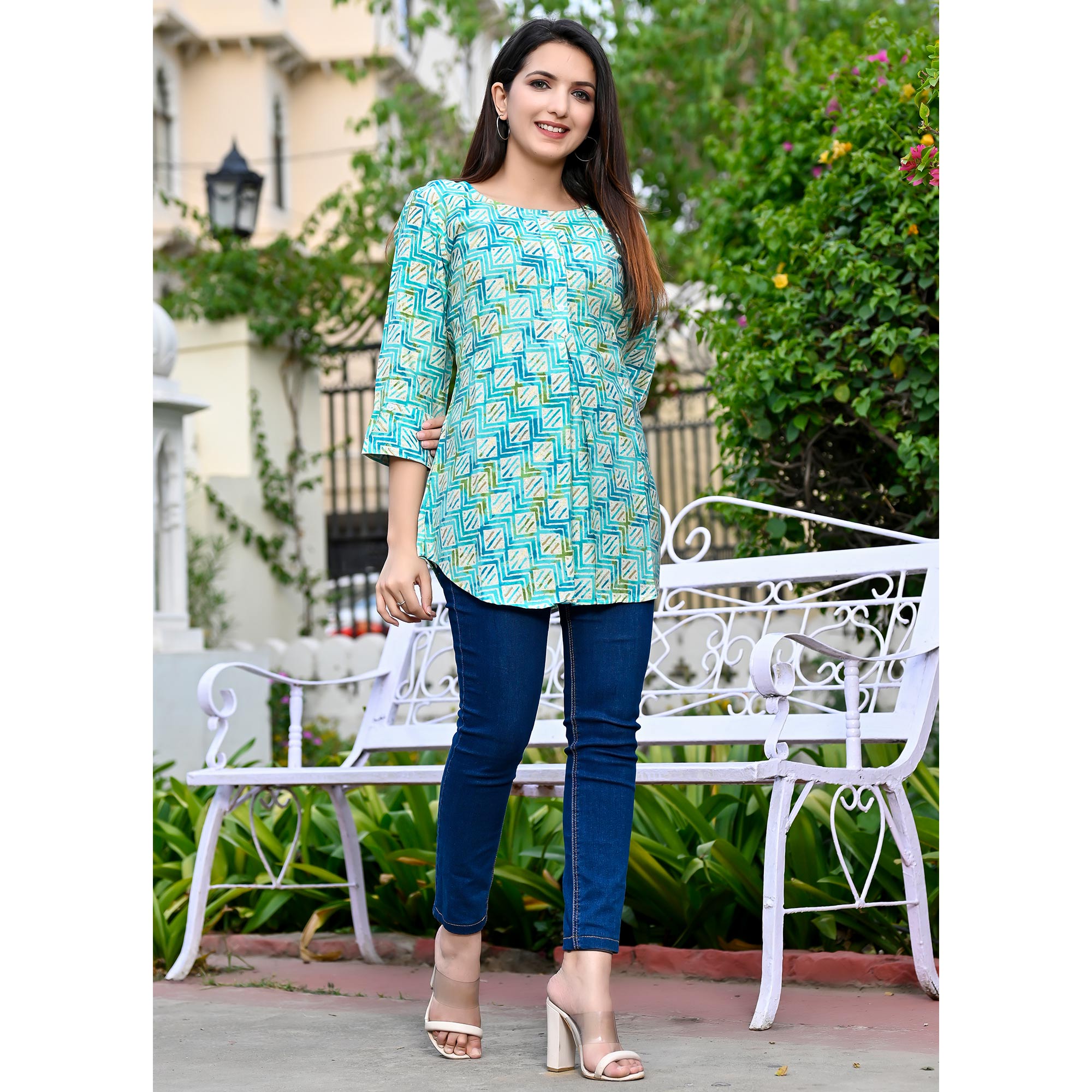 Aqua Blue Printed Chanderi Top