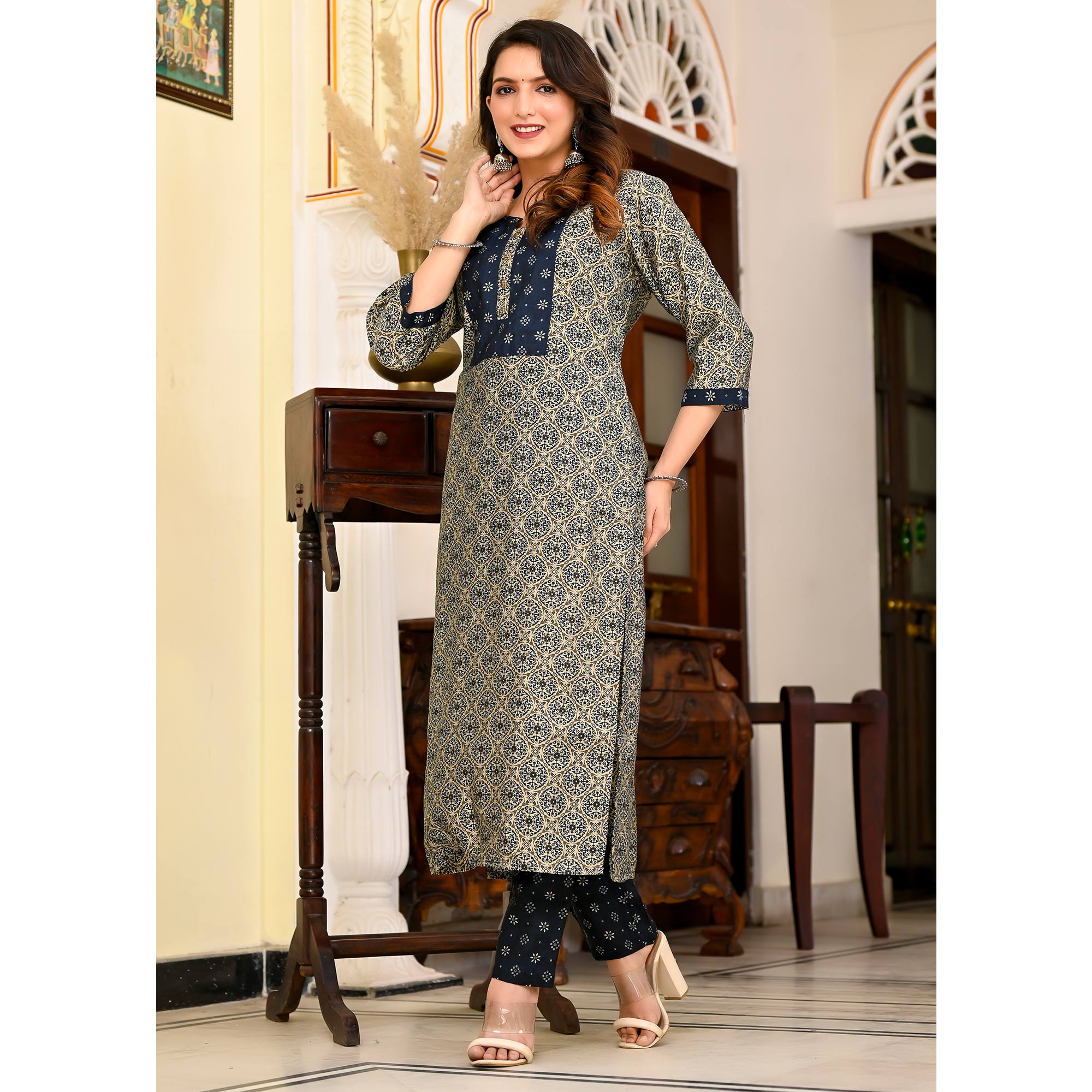 Blue Printed Chanderi Suit