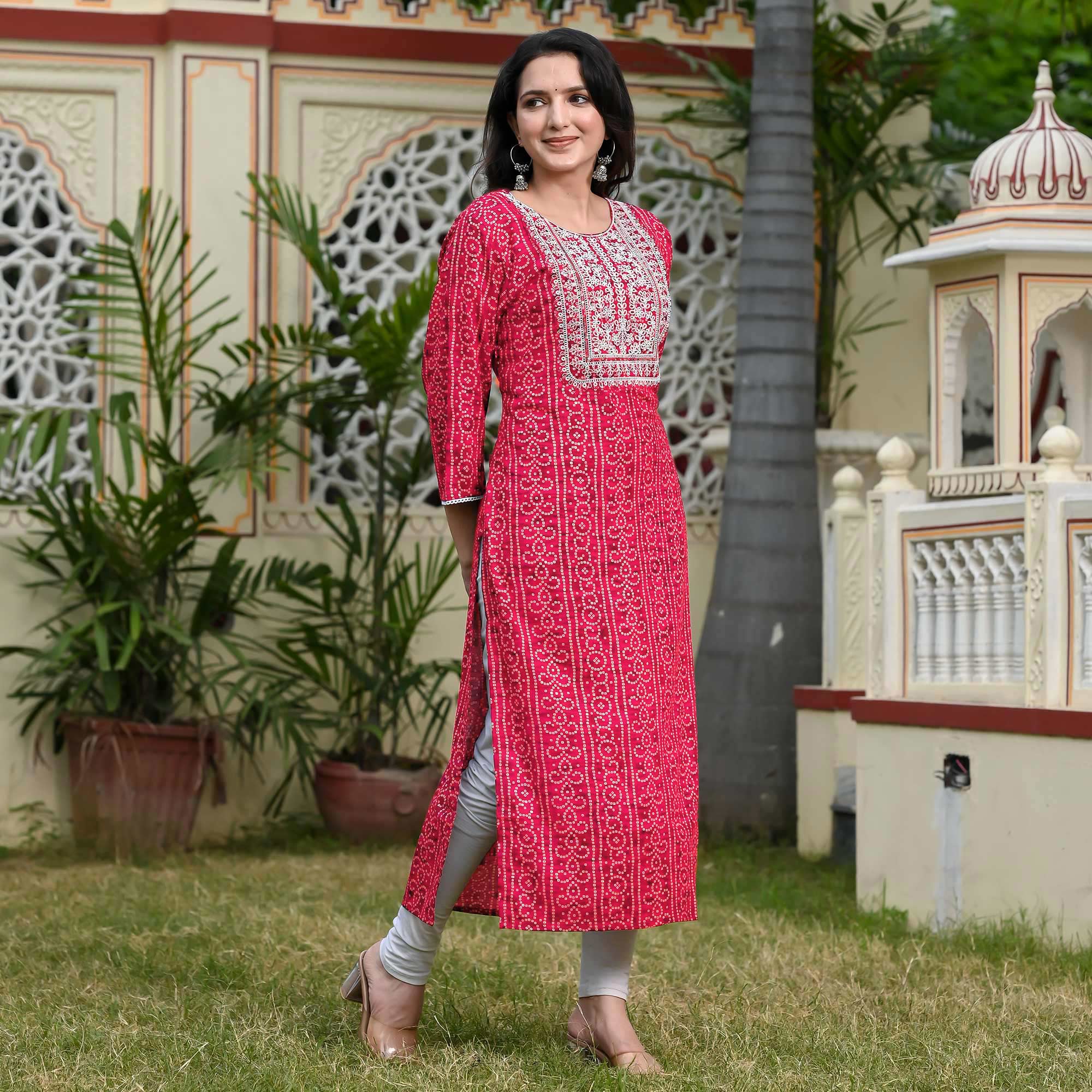 Red Foil Bandhani Printed With Embroidered Rayon Kurti