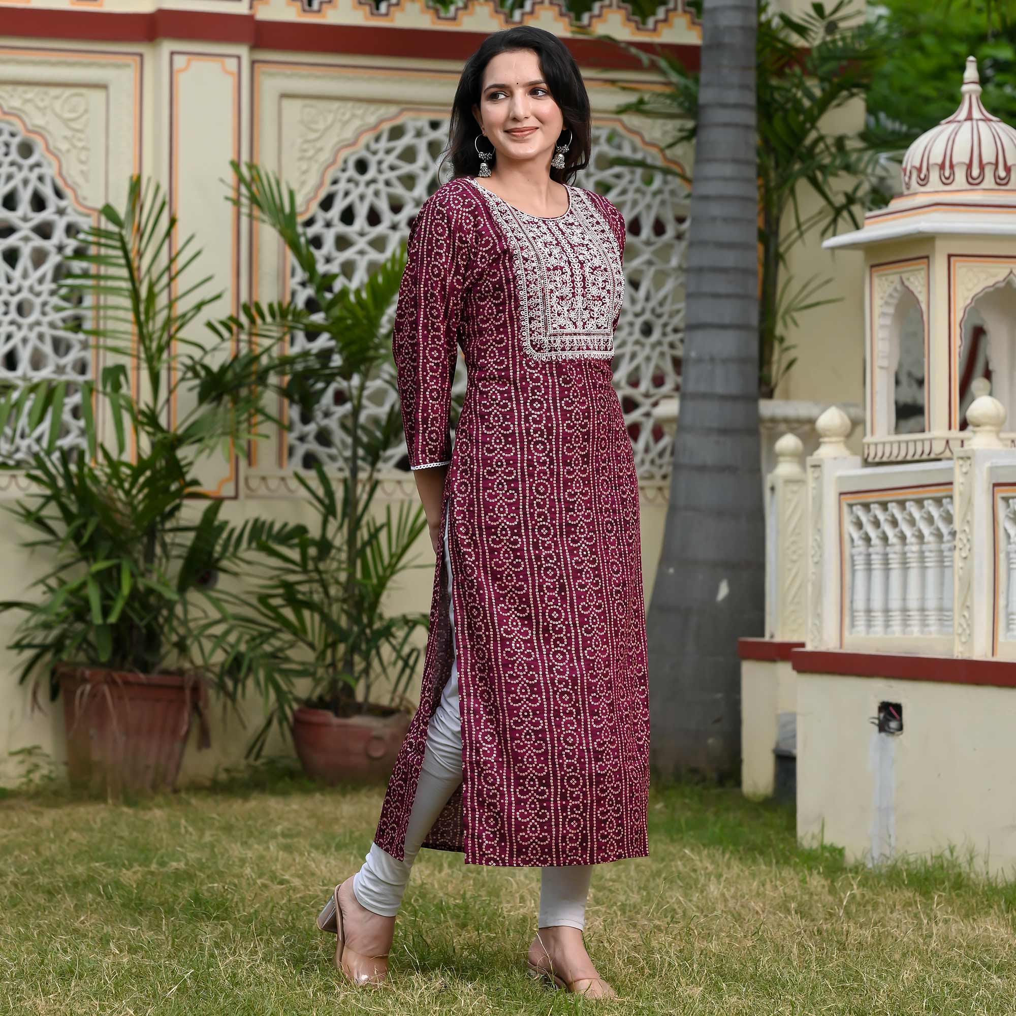 Wine Foil Bandhani Printed With Embroidered Rayon Kurti