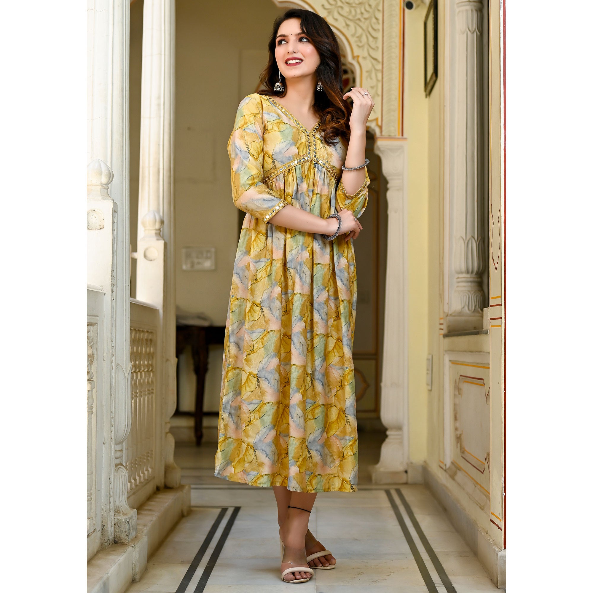 Yellow Printed Chanderi Alia Cut Kurti