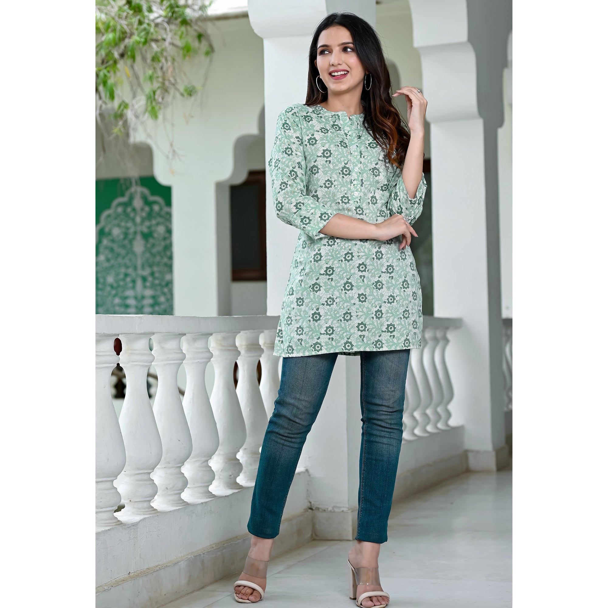 Green Floral Foil Printed Rayon Top