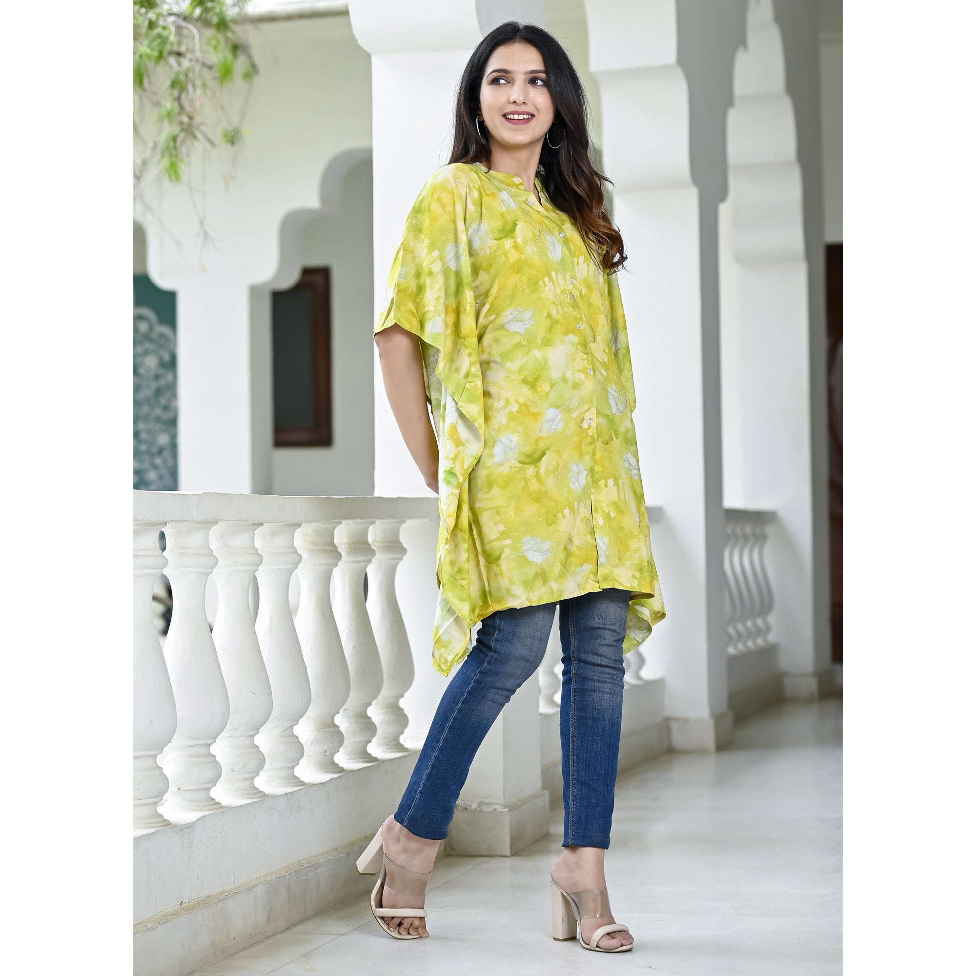 Green Foil Printed Rayon Kaftan