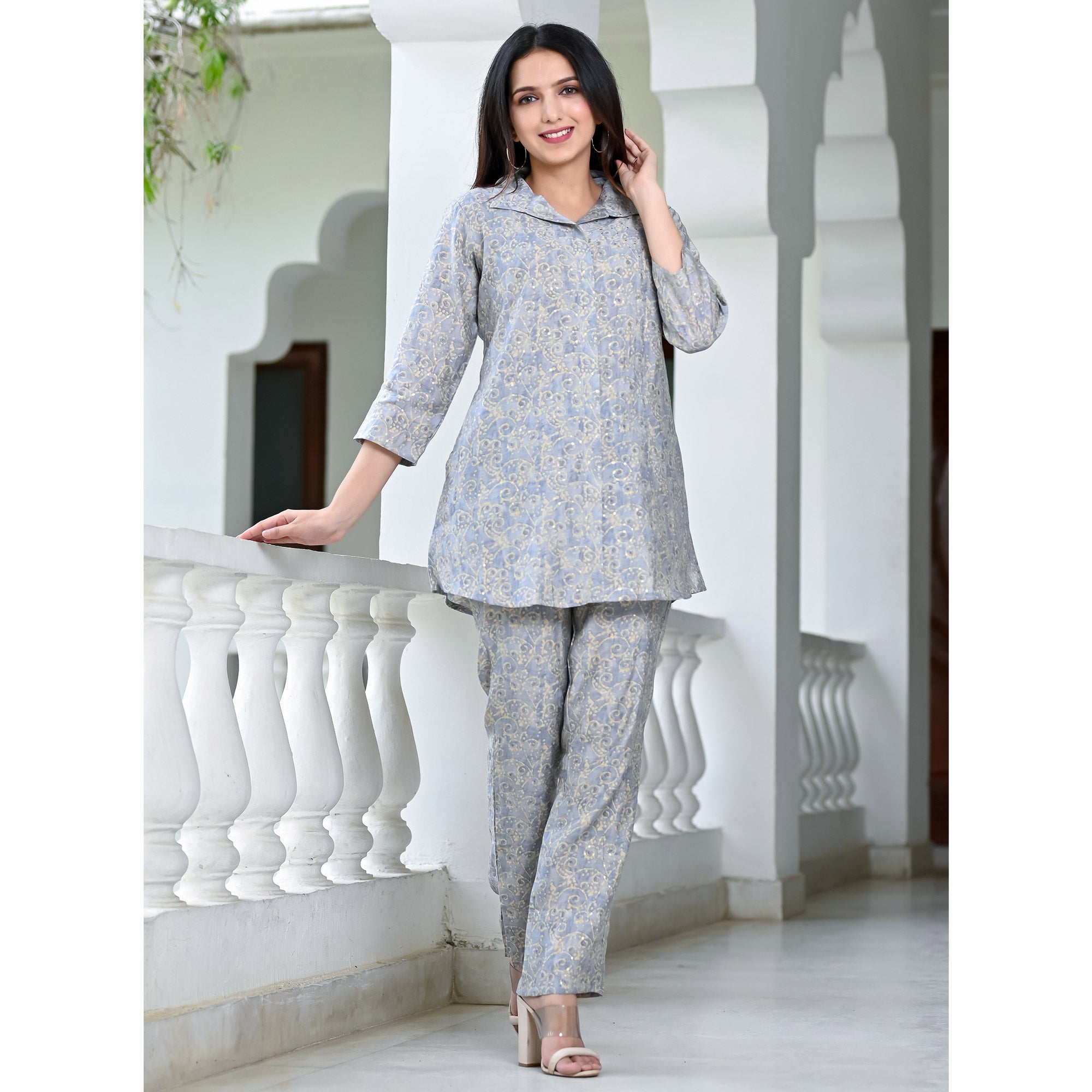 Grey Floral Printed Chanderi Co Ord Set
