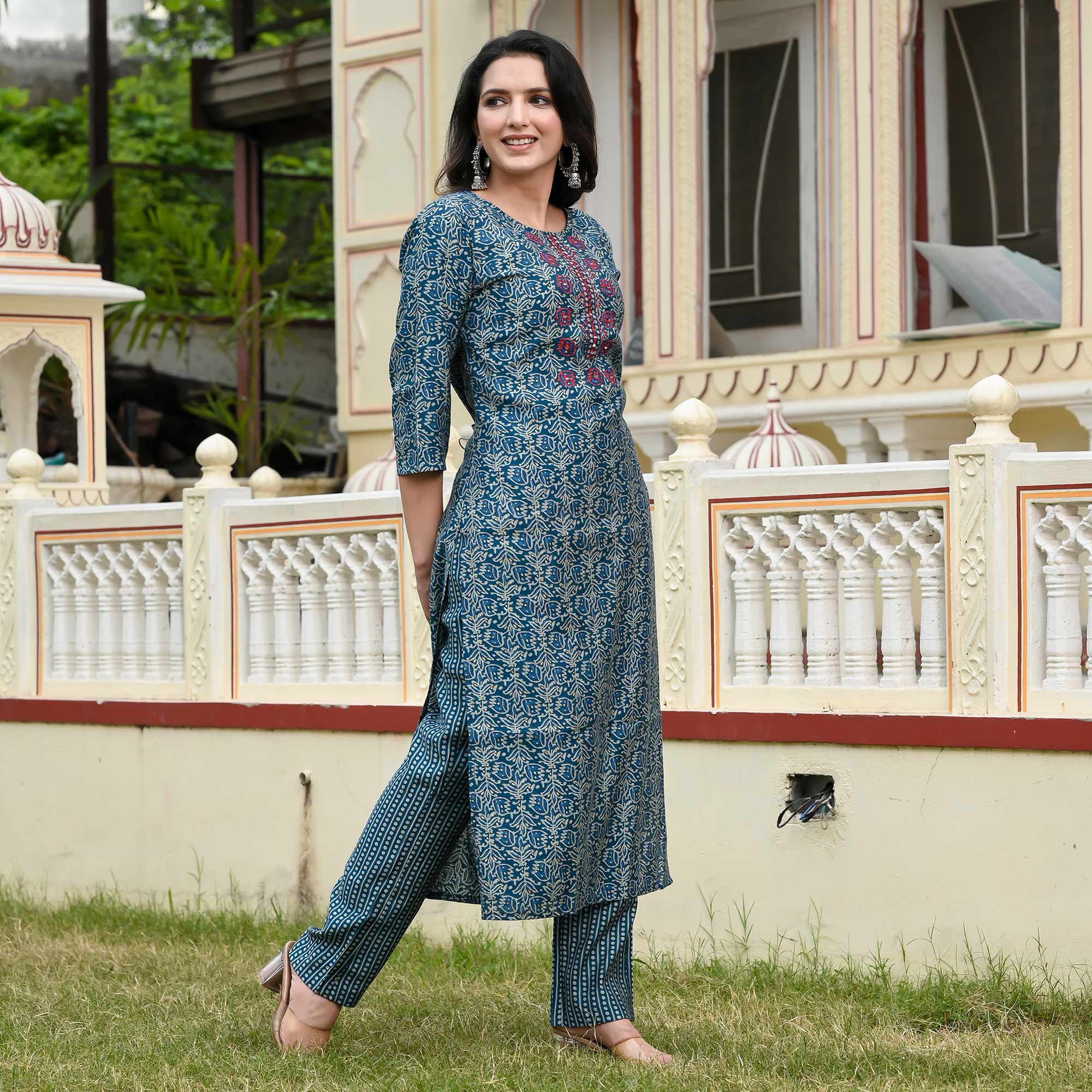 Blue Floral Printed Modal Kurti Pant Set