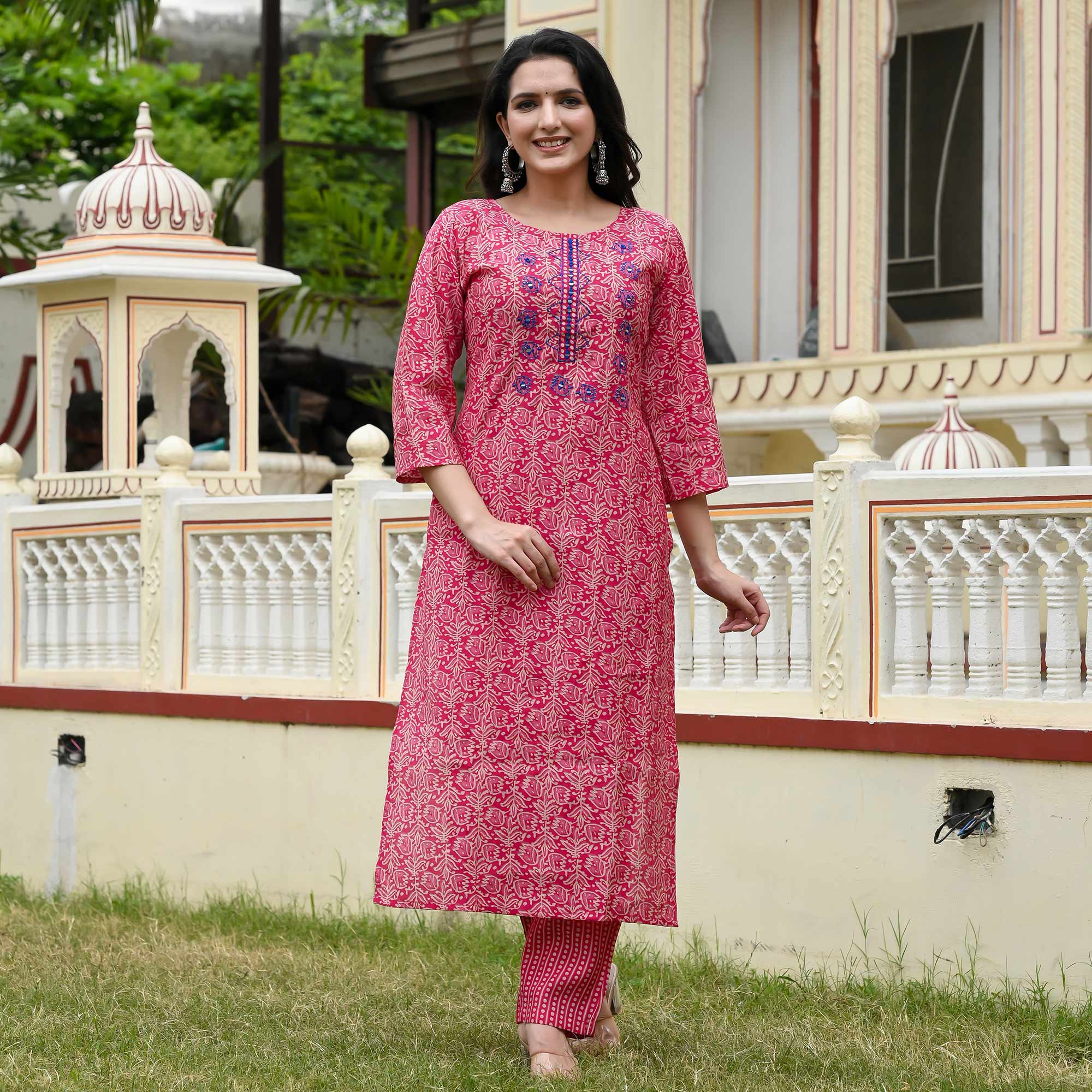 Pink Floral Printed Modal Kurti Pant Set