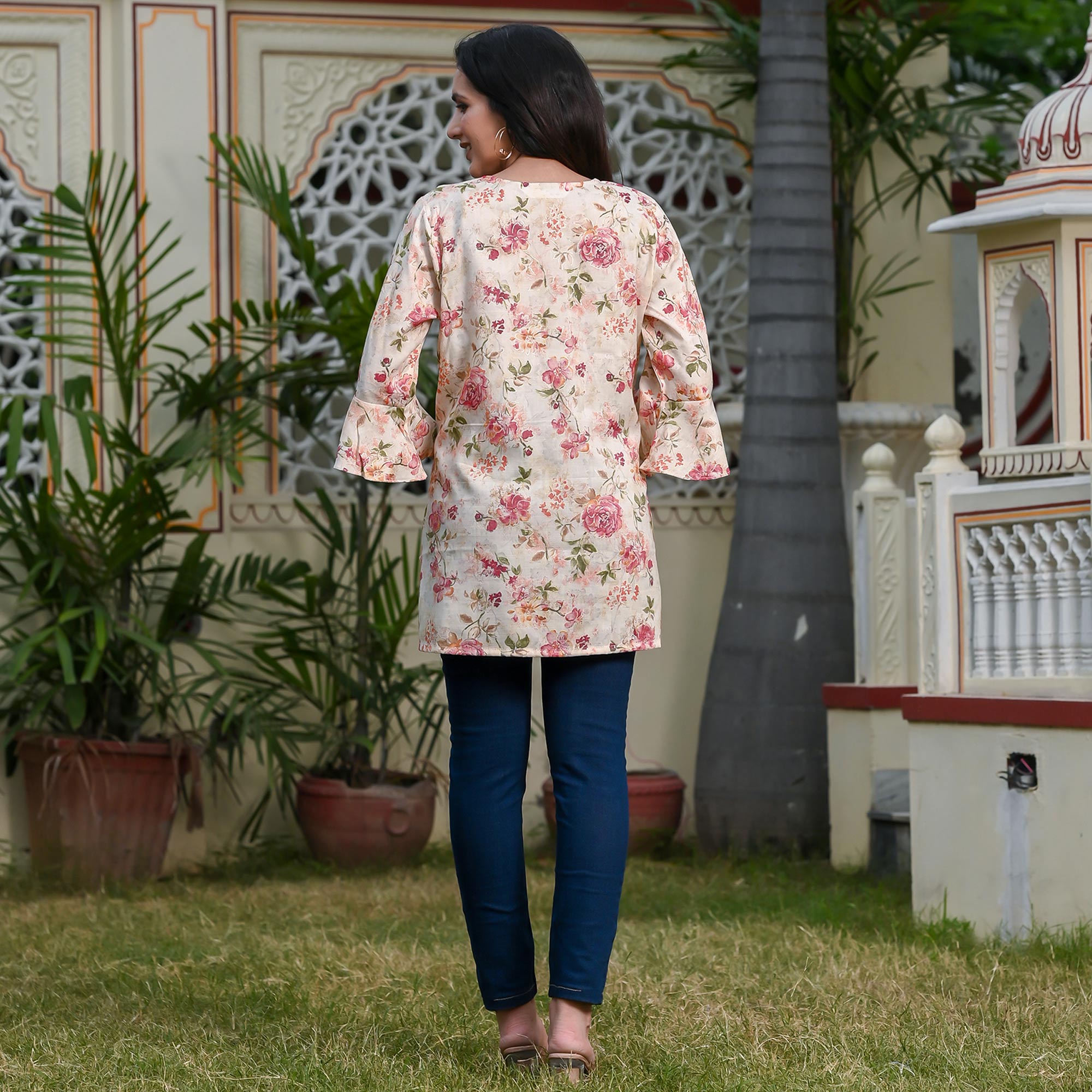 White & Peach Floral Printed Rayon Top